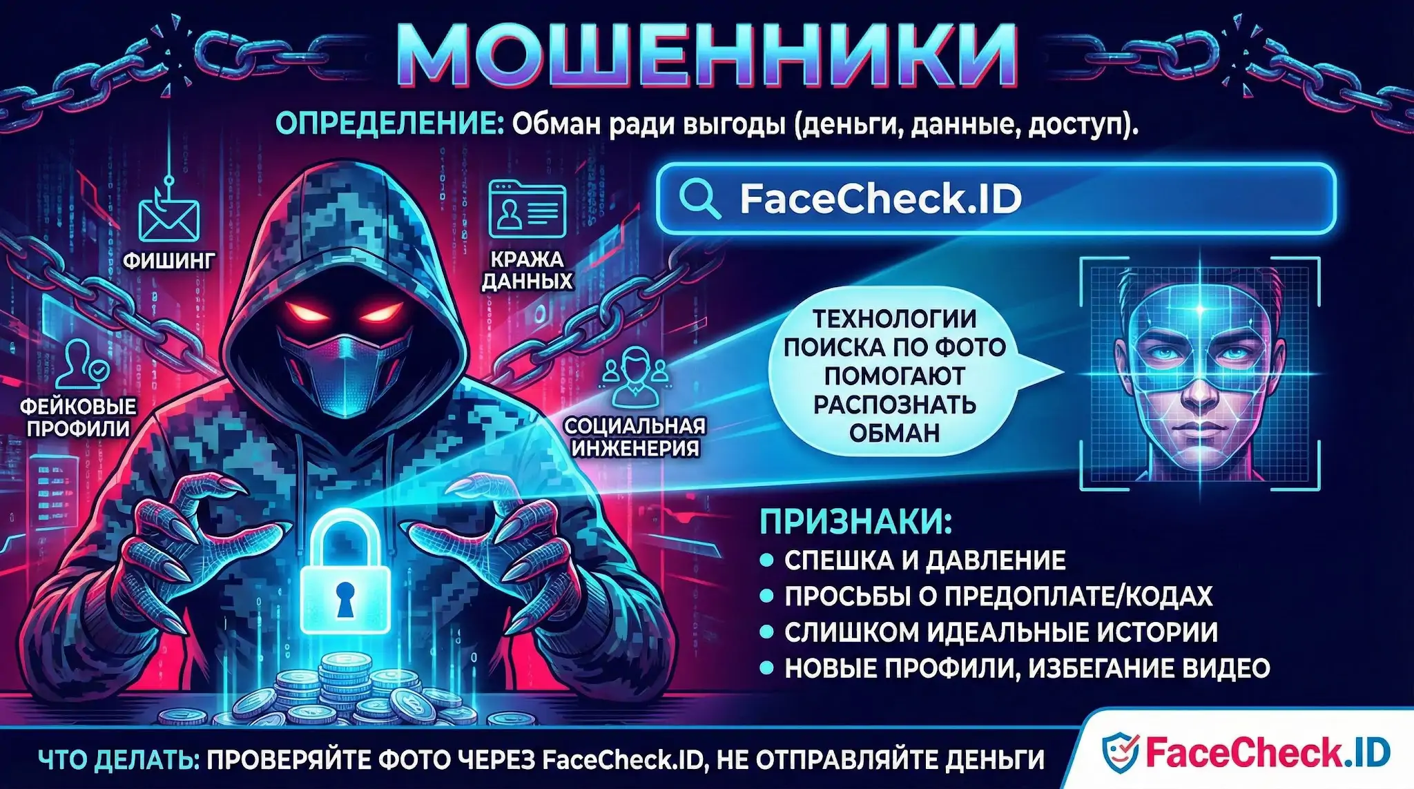 Мошенники в интернете: инфографика о методах обмана, признаках опасности и защите через поиск по фото FaceCheck.ID