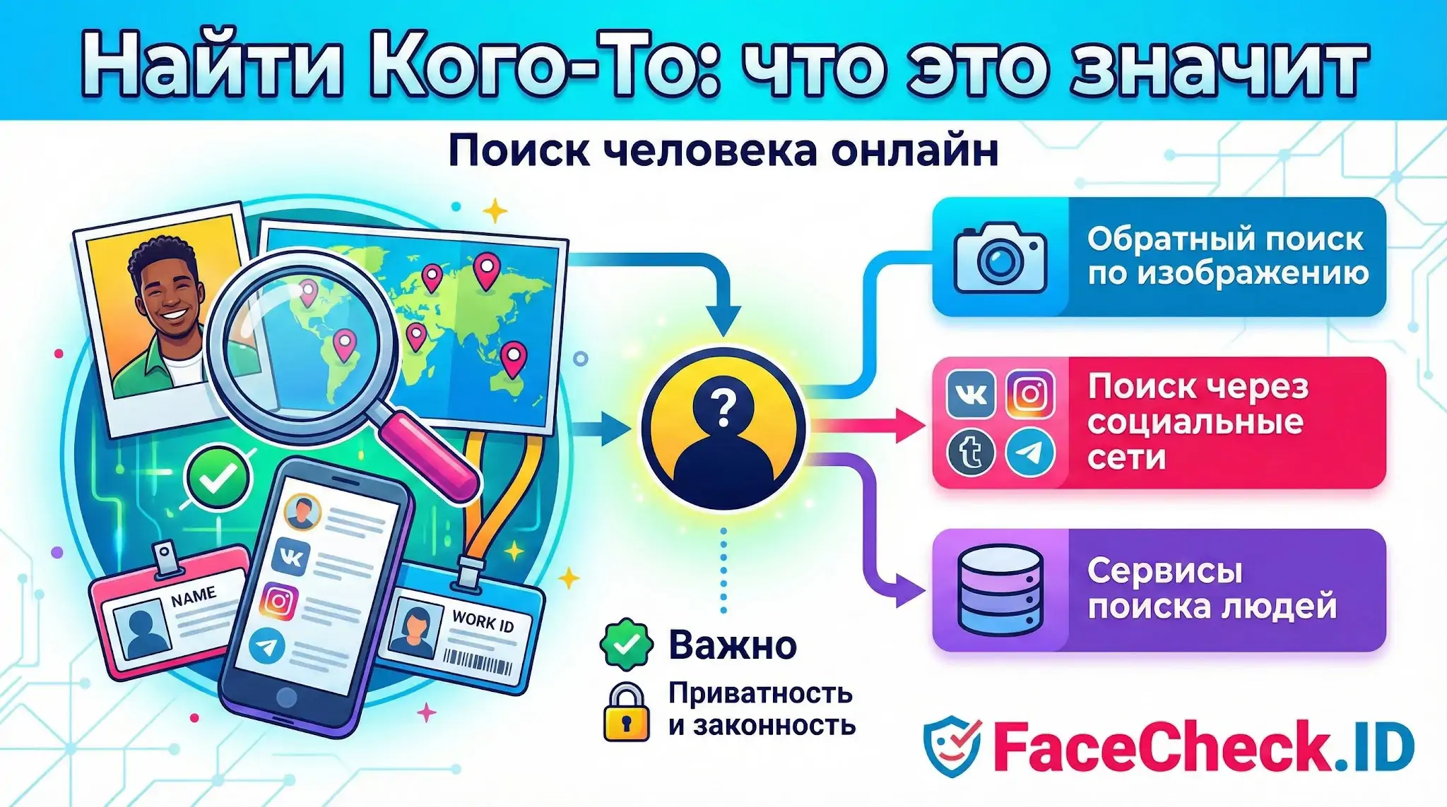 Как найти кого-то онлайн: инфографика FaceCheck.ID о поиске по фото, в соцсетях и специальных сервисах