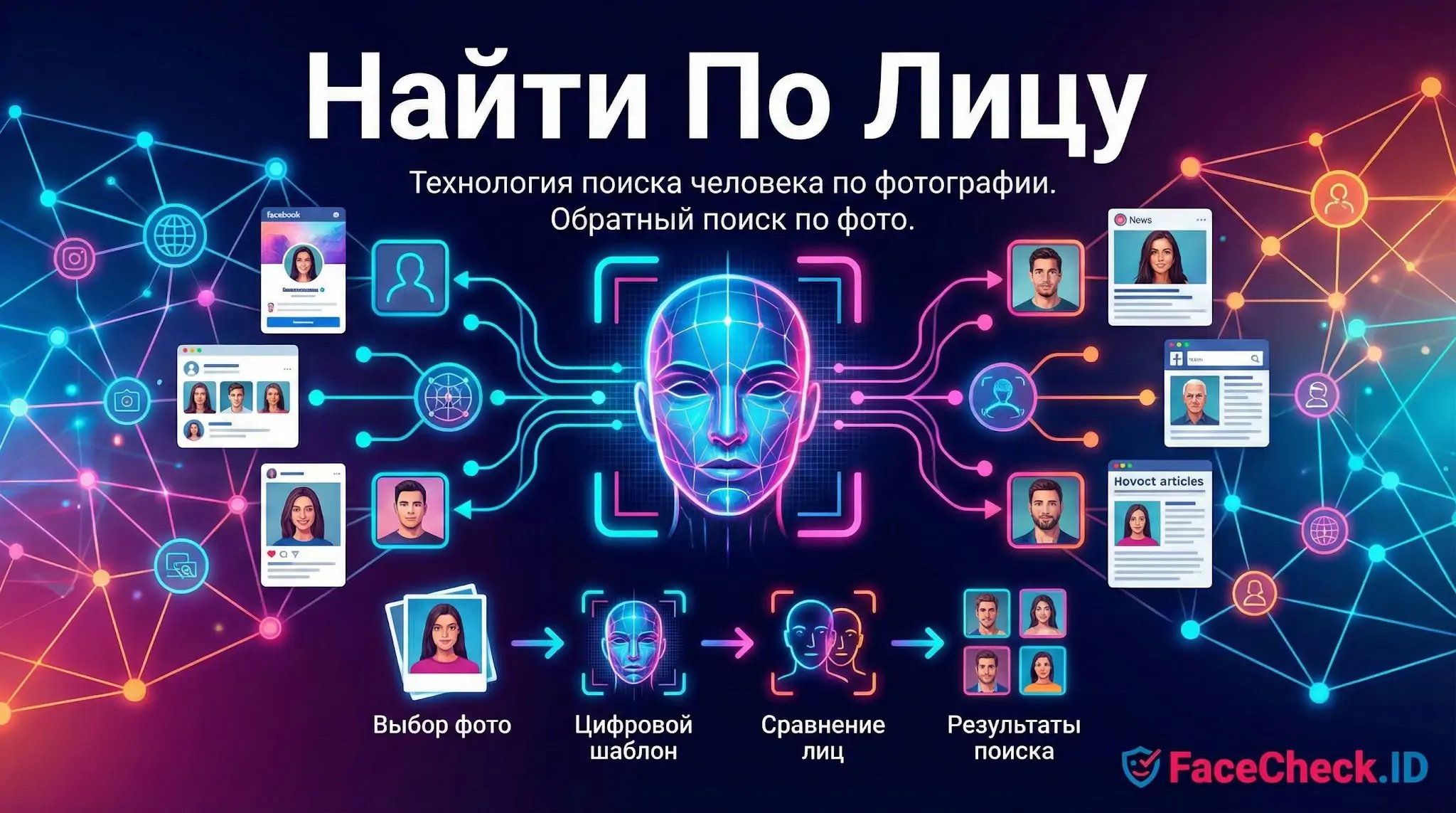 Найти По Лицу Схема работы сервиса FaceCheck ID: Найти По Лицу человека по фото через сканирование, создание цифрового шаблона и сравнение.