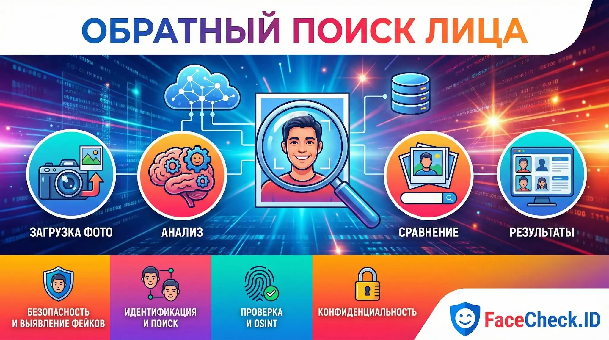 Инфографика сервиса FaceCheck.ID, показывающая процесс: обратный поиск лица по фото, анализ, сравнение и результаты.
