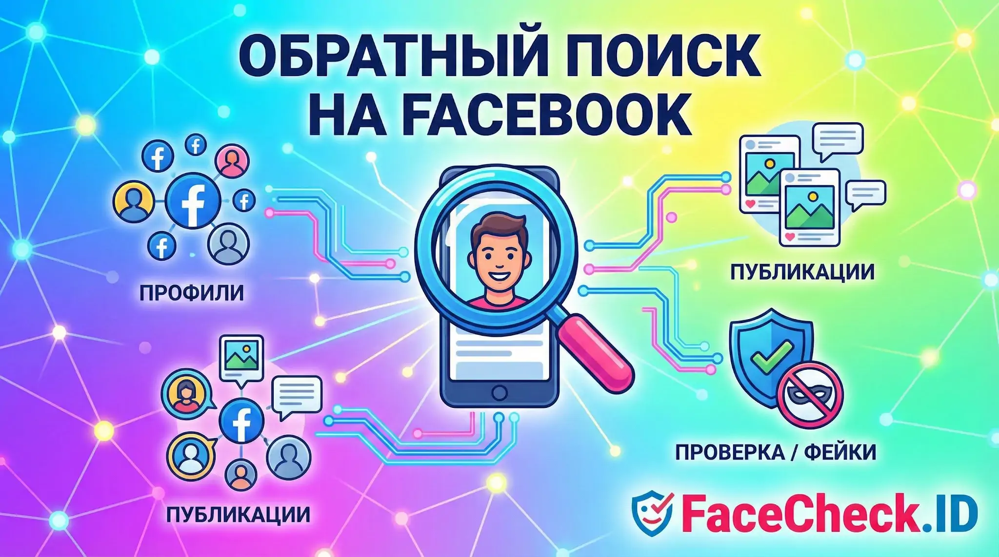 Инфографика FaceCheck.ID о том, как работает обратный поиск на Facebook: поиск профилей, публикаций, проверка на фейки по фото.