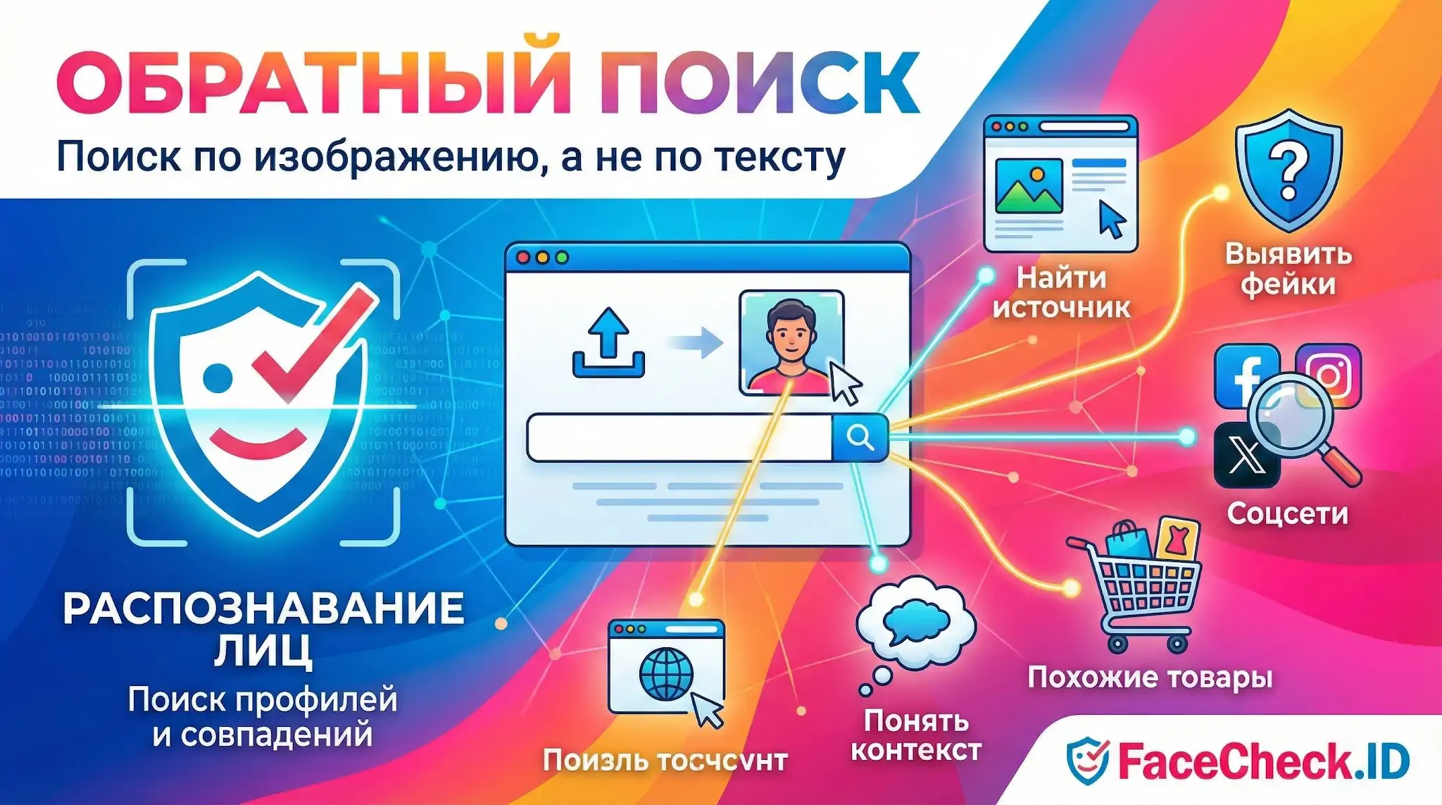 Инфографика про обратный поиск по изображению: распознавание лиц, проверка фейков и поиск товаров с FaceCheck.ID.