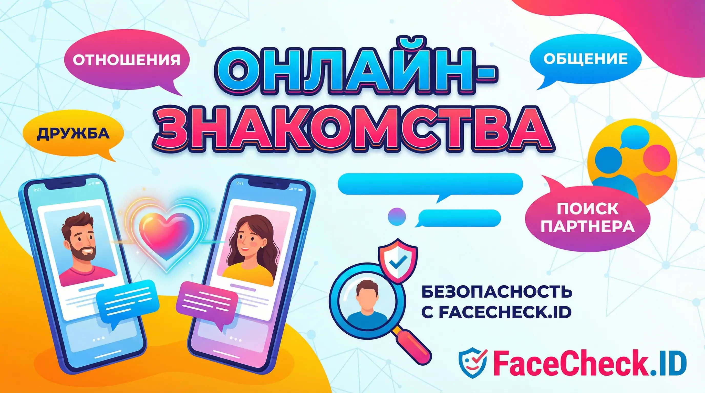 Постер про Онлайн-Знакомства с двумя смартфонами, профилями мужчины и женщины, и информацией о безопасности с FaceCheck.ID.