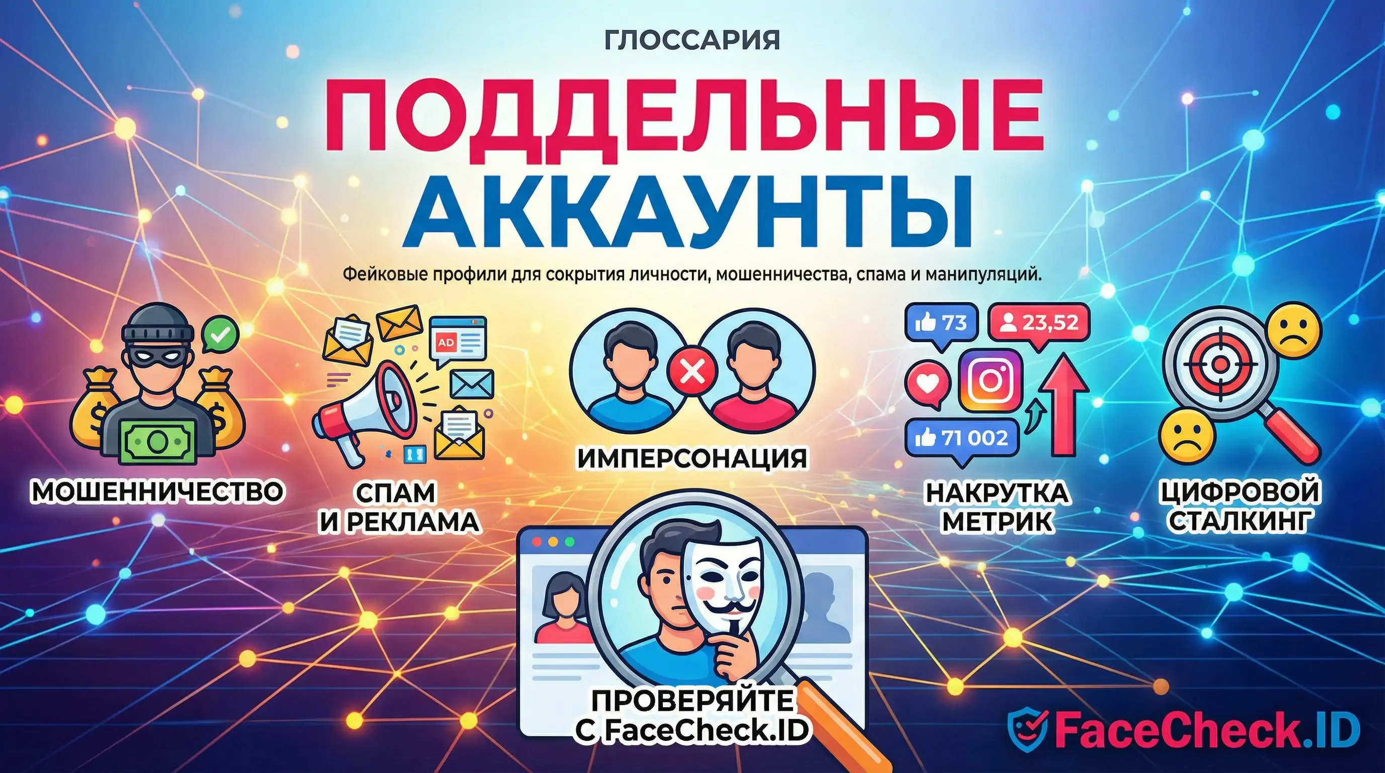 Инфографика Поддельные Аккаунты с иконками мошенничества, спама, имперсонации и цифрового сталкинга, призвана защитить пользователей.