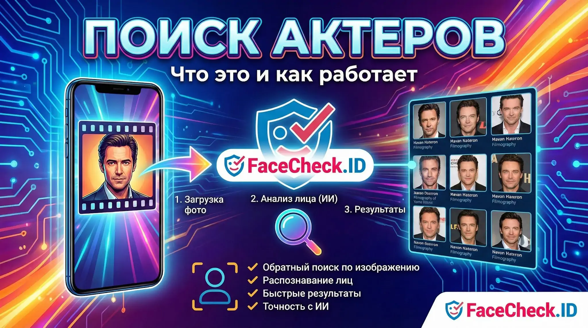Поиск Актеров Инфографика FaceCheck.ID, демонстрирующая поиск актеров по фото через нейросеть с загрузкой снимка и выдачей похожих результатов.