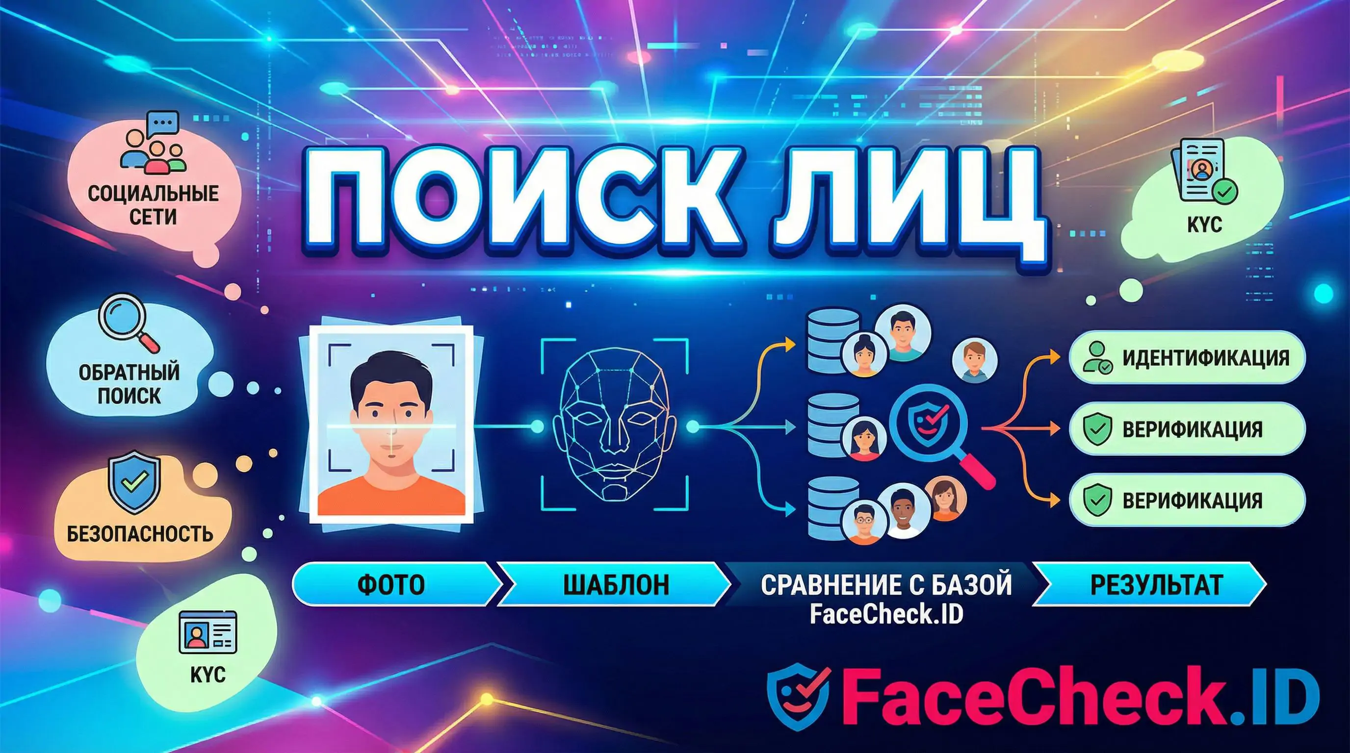 Поиск лиц с помощью сервиса FaceCheck.ID: инфографика процесса от анализа фото до идентификации и верификации.