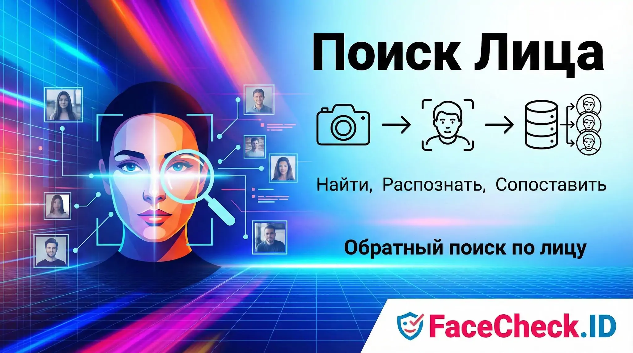 Поиск лица и распознавание по фото: инфографика с алгоритмом работы FaceCheck.ID.