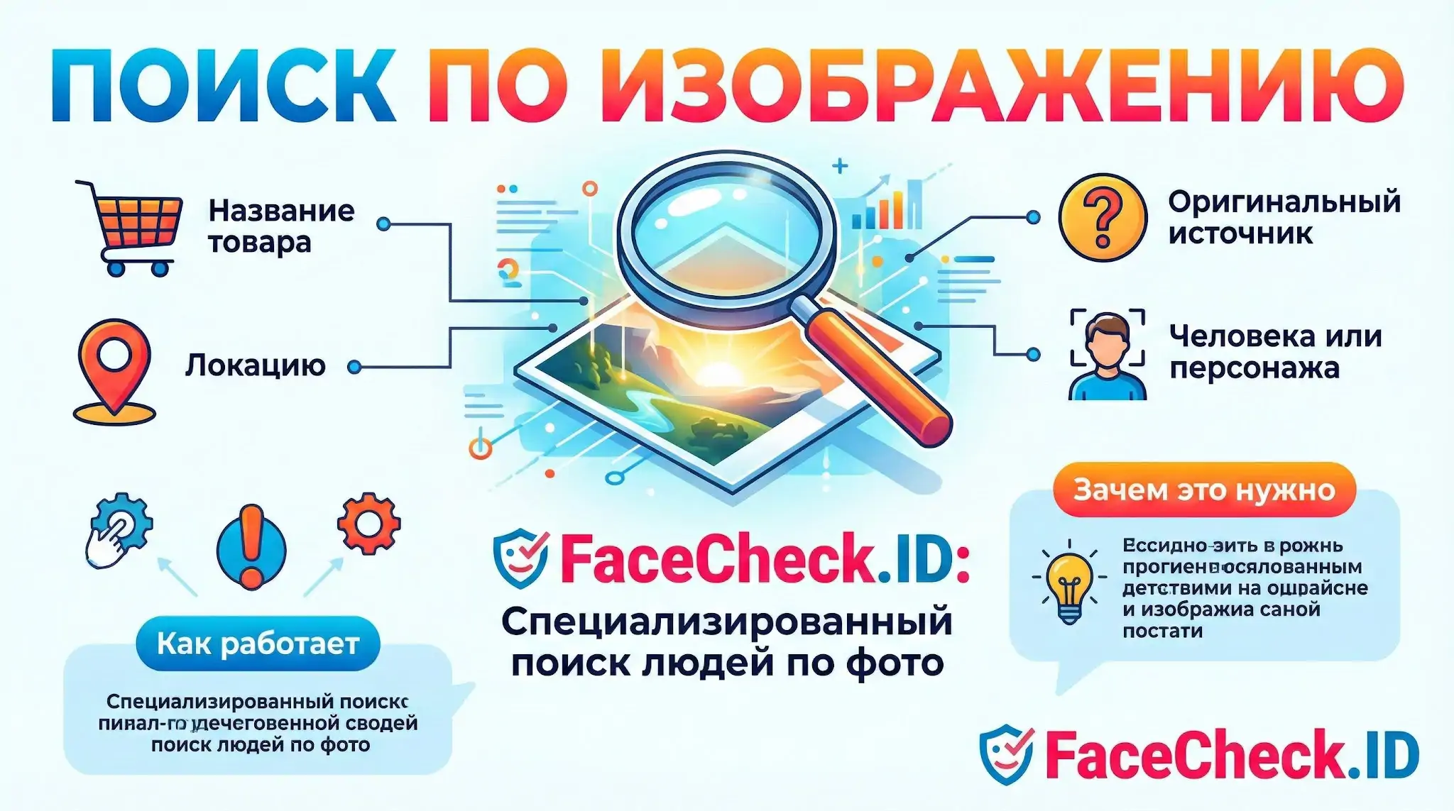 Поиск по изображению позволяет найти товары, локации, первоисточники и людей по фото, как показано на схеме сервиса FaceCheck.ID