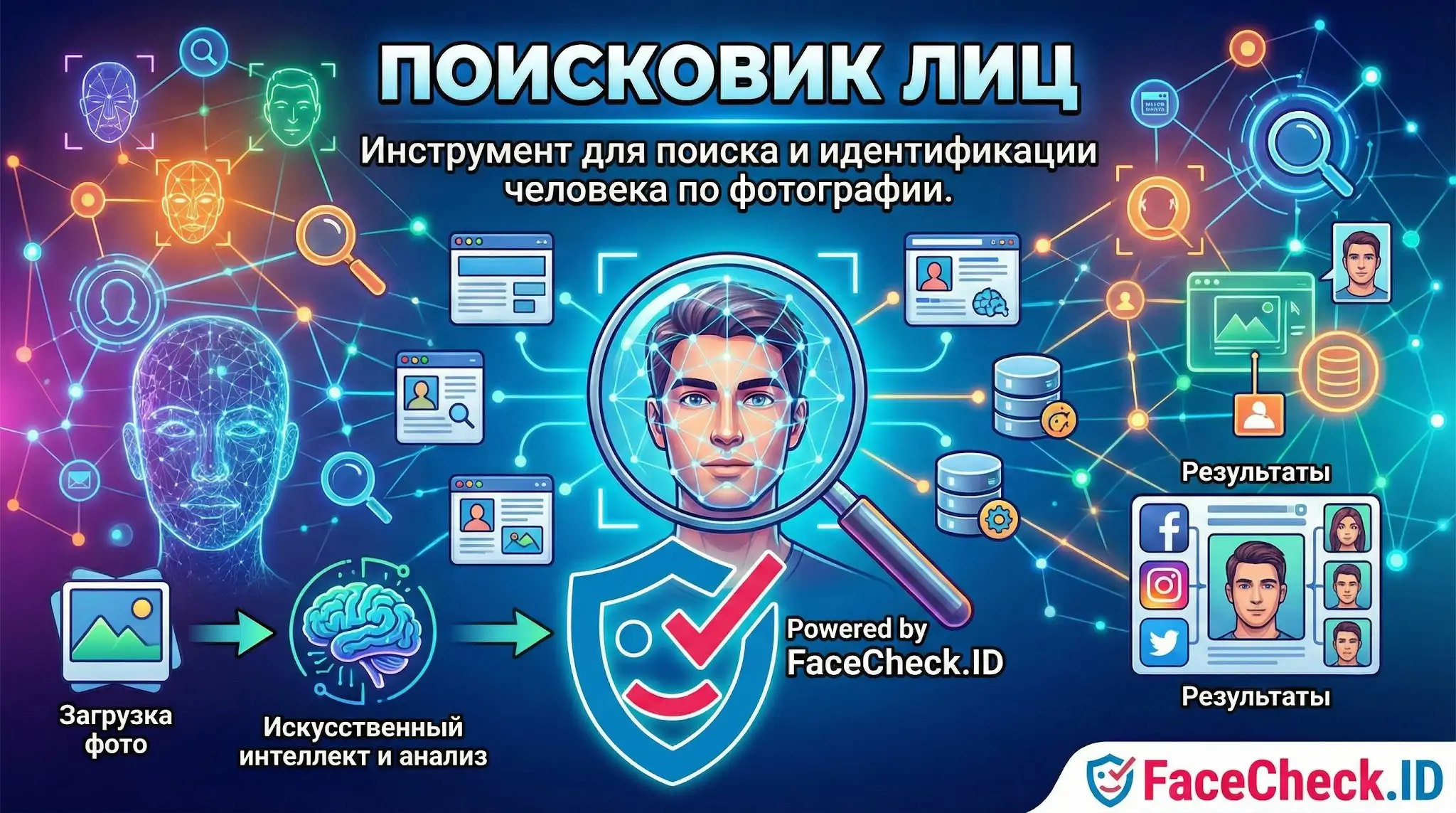 Поисковик Лиц Поисковик лиц FaceCheck.ID использует искусственный интеллект для поиска и идентификации человека по фотографии в базах данных и соцсетях.