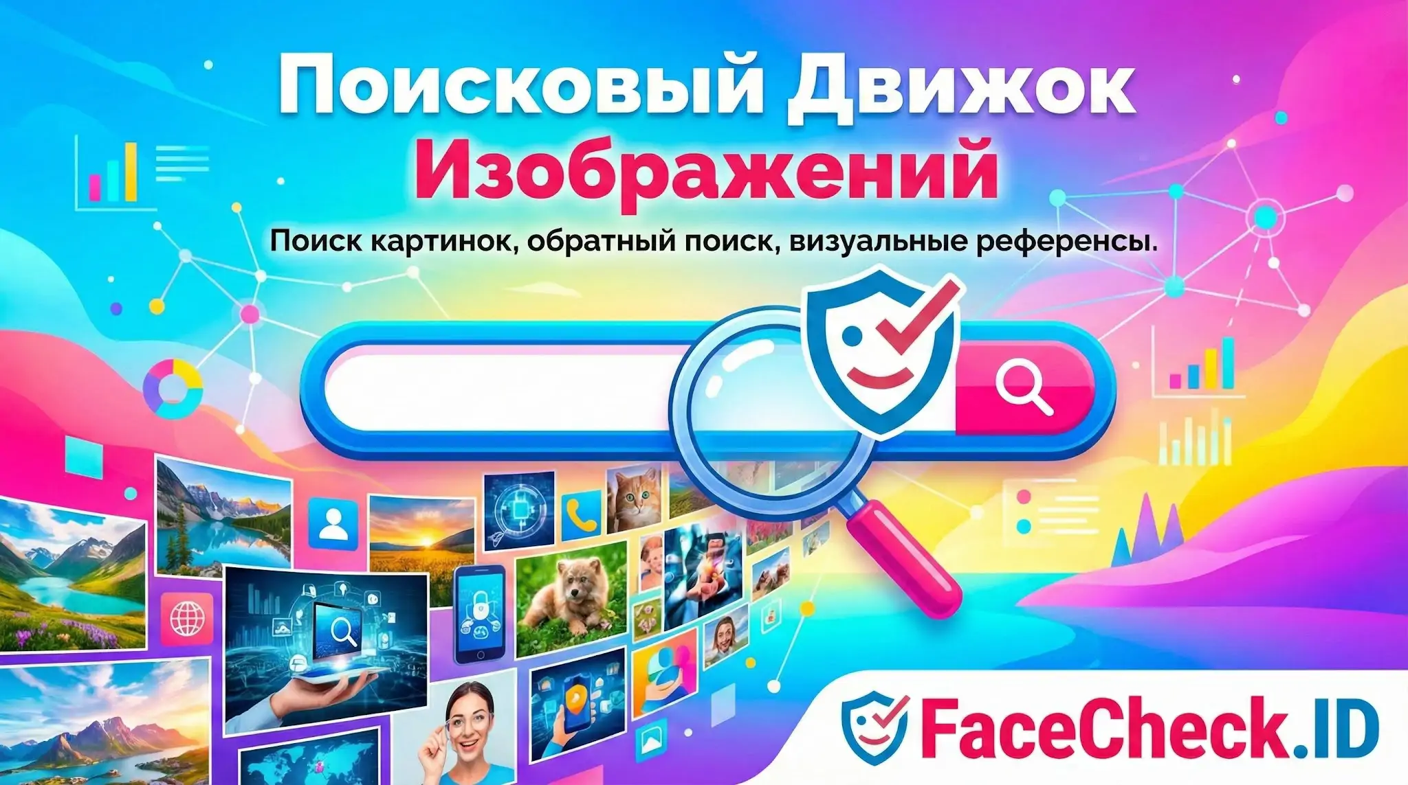 Поисковый Движок Изображений FaceCheck ID с лупой над строкой поиска и примерами найденных фото для обратного поиска картинок