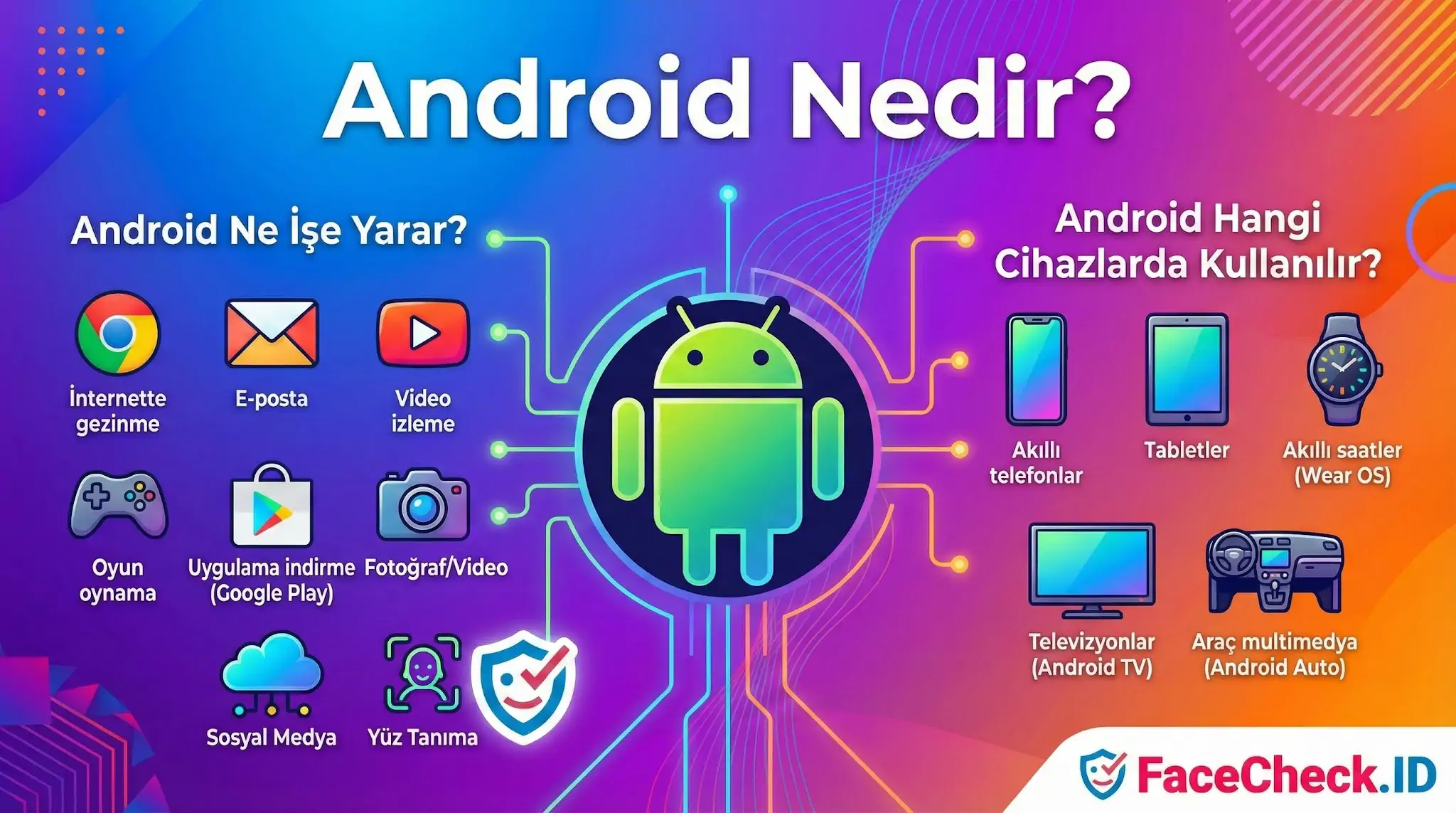Android işletim sisteminin özelliklerini ve kullanıldığı cihazları açıklayan, işlevleri ve cihaz türlerini gösteren ayrıntılı infografik.