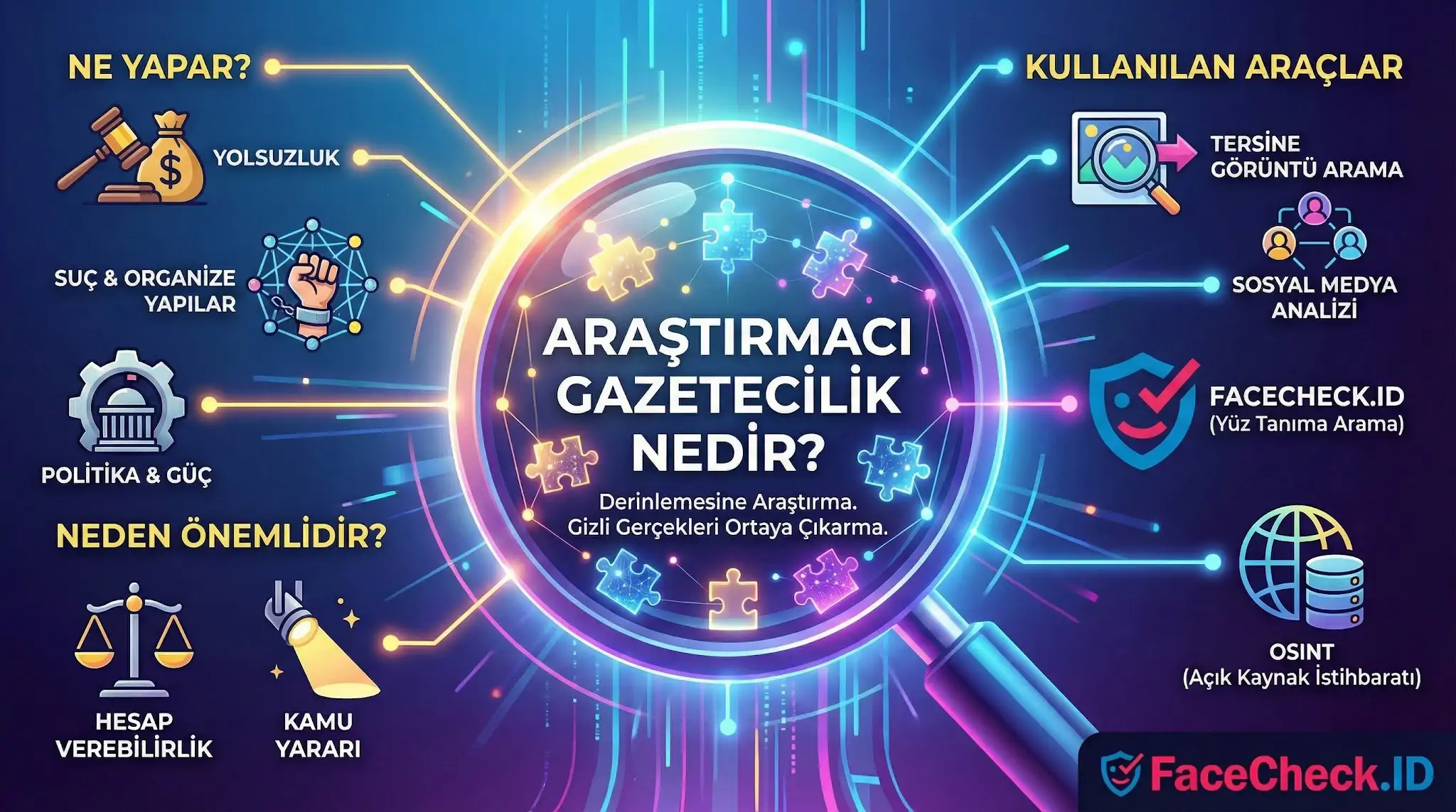 Araştırmacı gazetecilik nedir, ne yapar, kullanılan araçlar ve neden önemlidir başlıklarını içeren; yolsuzluk, sosyal medya analizi ve hesap verebilirlik gibi kavramları açıklayan detaylı infografik.