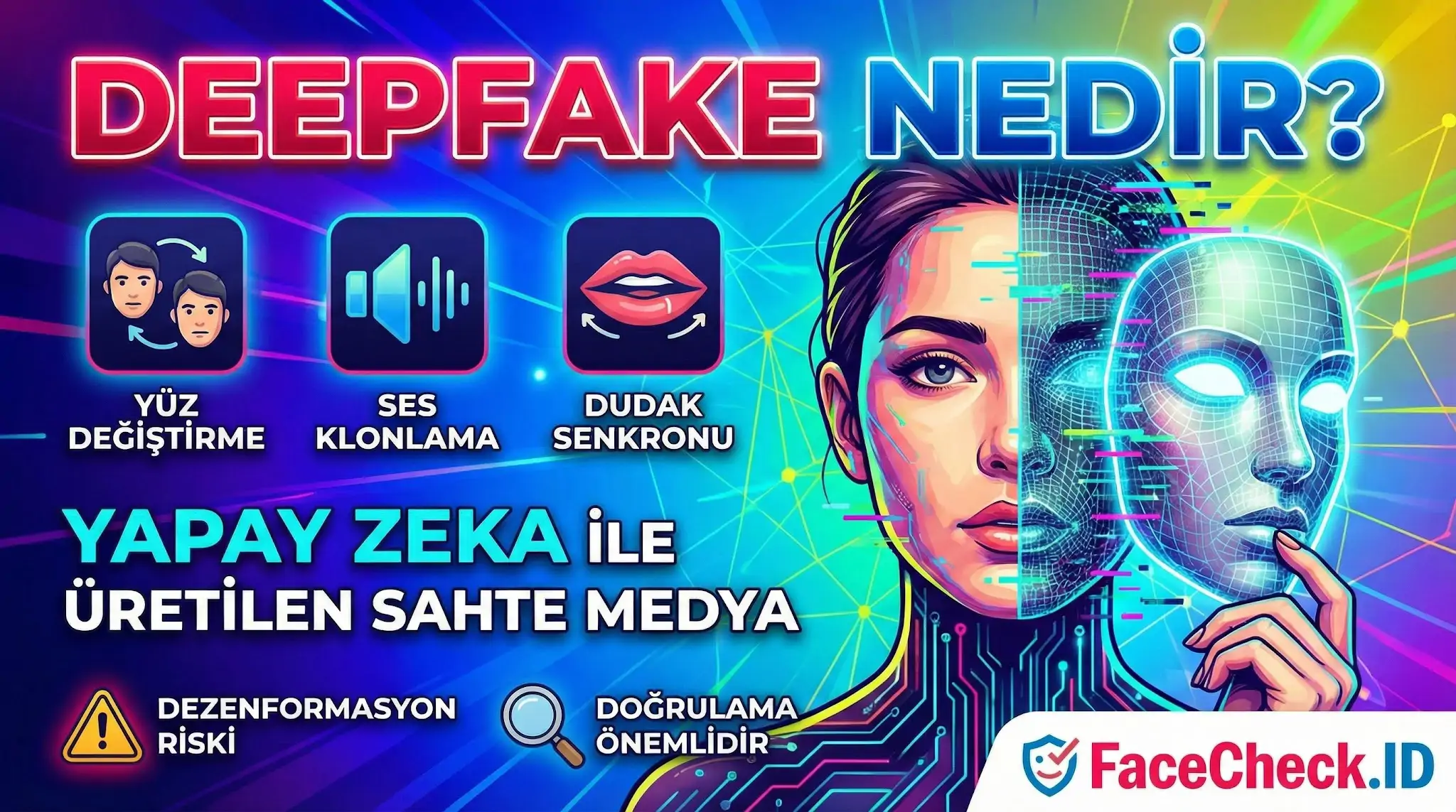 Yapay zeka ile üretilen sahte medya anlamına gelen Deepfake nedir, yüz değiştirme, ses klonlama ve dudak senkronu gibi teknikleri açıklayan bilgilendirici grafik.