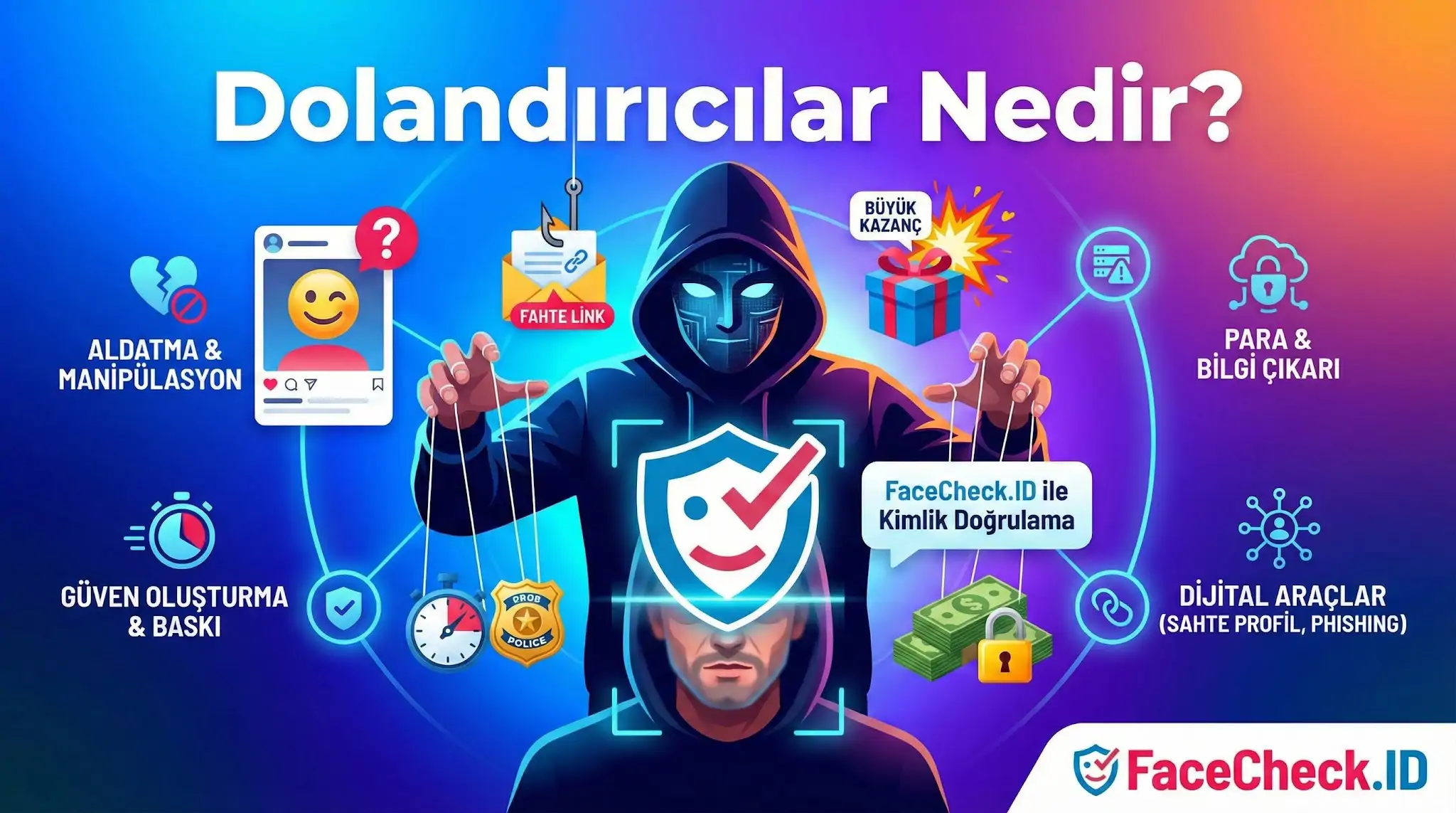 Dolandırıcılar Nedir? başlıklı görselde, kapüşonlu bir hacker kuklacı gibi sahte link, para ve manipülasyon simgelerini yönetiyor; FaceCheck.ID ile kimlik doğrulama vurgulanıyor.