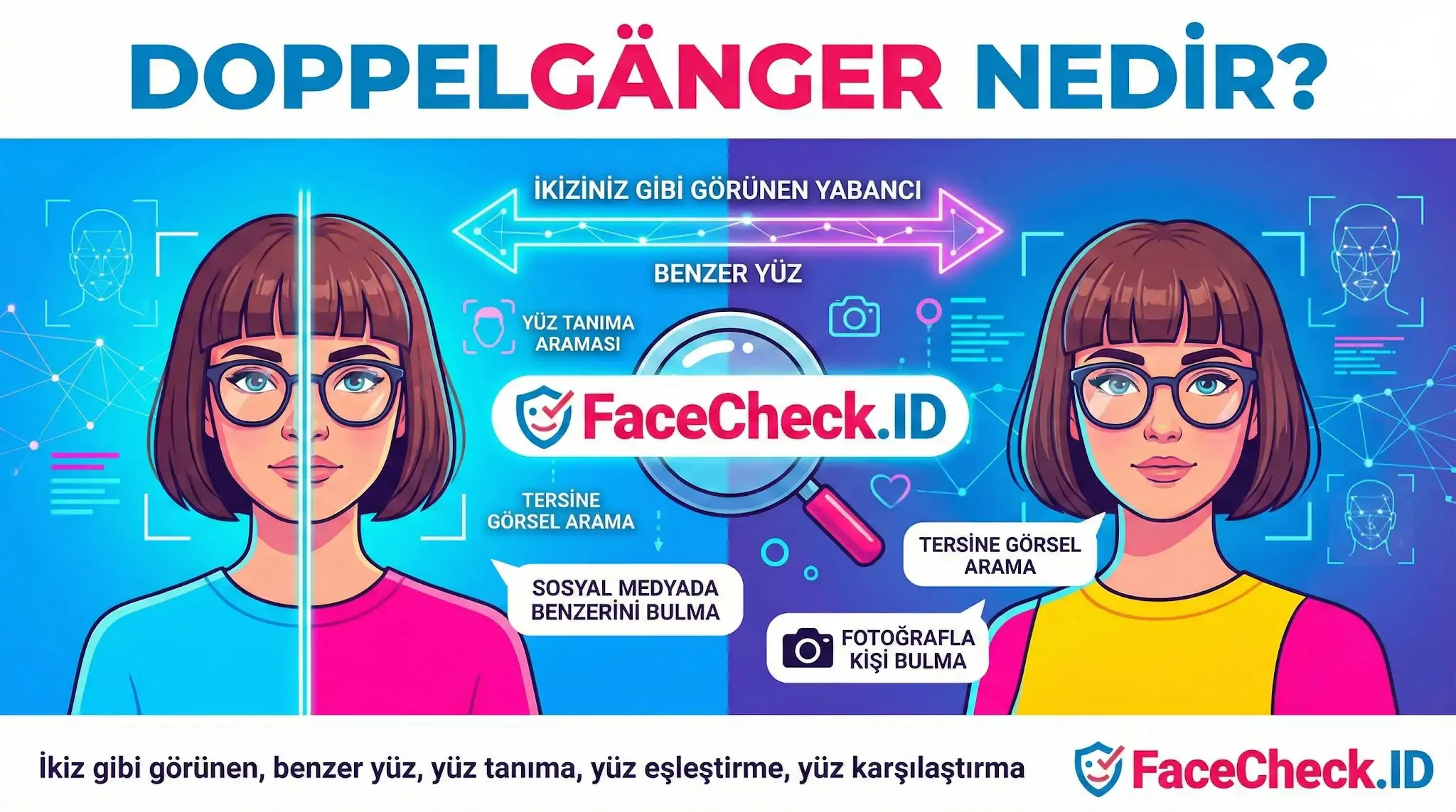Doppelgänger nedir sorusuna yanıt veren; FaceCheck.ID ile görsel arama, yüz tanıma ve benzer yüz bulma özelliklerini anlatan renkli grafik.