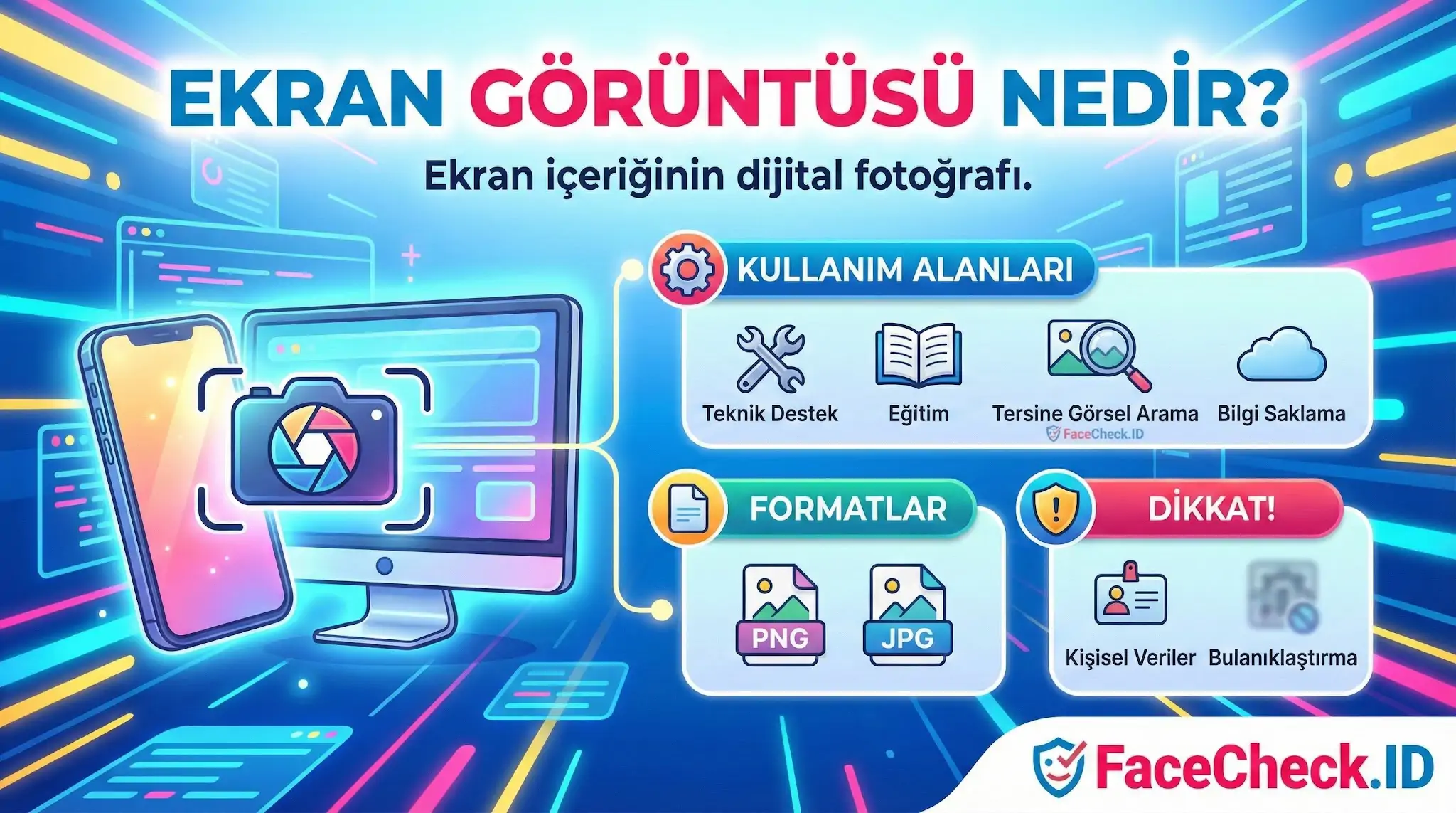 Ekran Görüntüsü Nedir? tanımı, kullanım alanları, PNG ve JPG formatları ve kişisel veri güvenliği hakkında bilgi veren infografik.