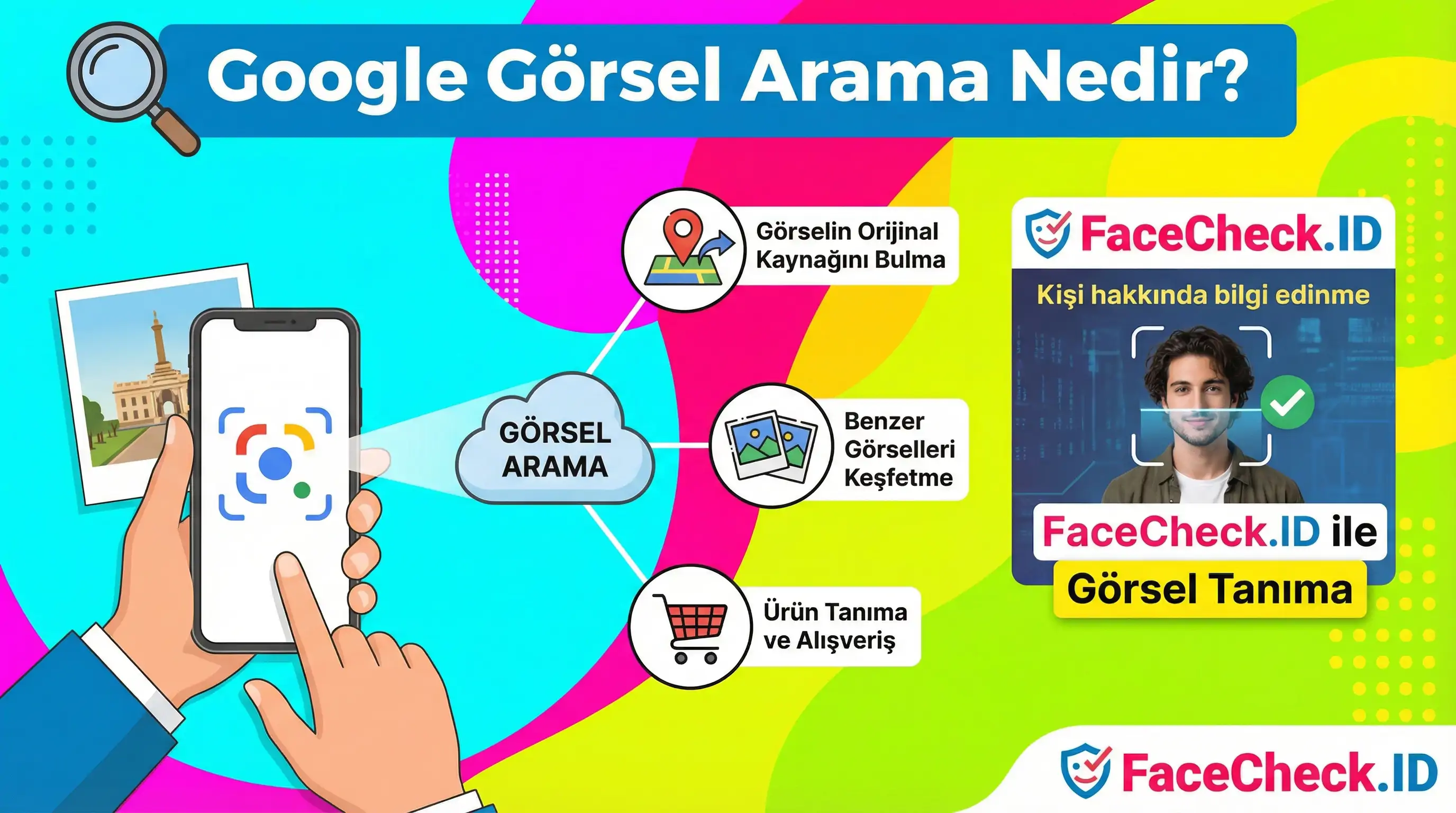 Google Görsel Aramanın işlevlerini gösteren şema: Görselin kaynağını bulma, benzer görselleri keşfetme, ürün tanıma ve FaceCheck.ID ile kişi hakkında bilgi edinme özellikleri anlatılıyor.