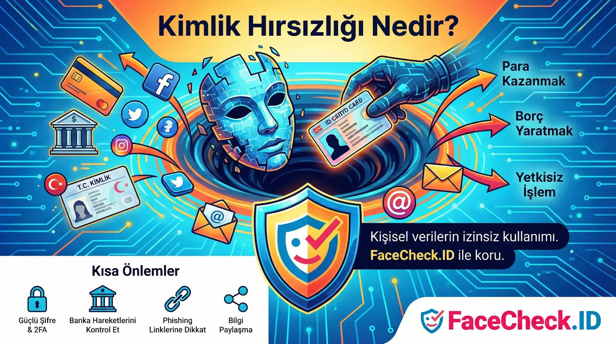 Kimlik hırsızlığı risklerine karşı güvenlik önlemleri ve FaceCheck.ID koruma kalkanını gösteren bilgi görseli.
