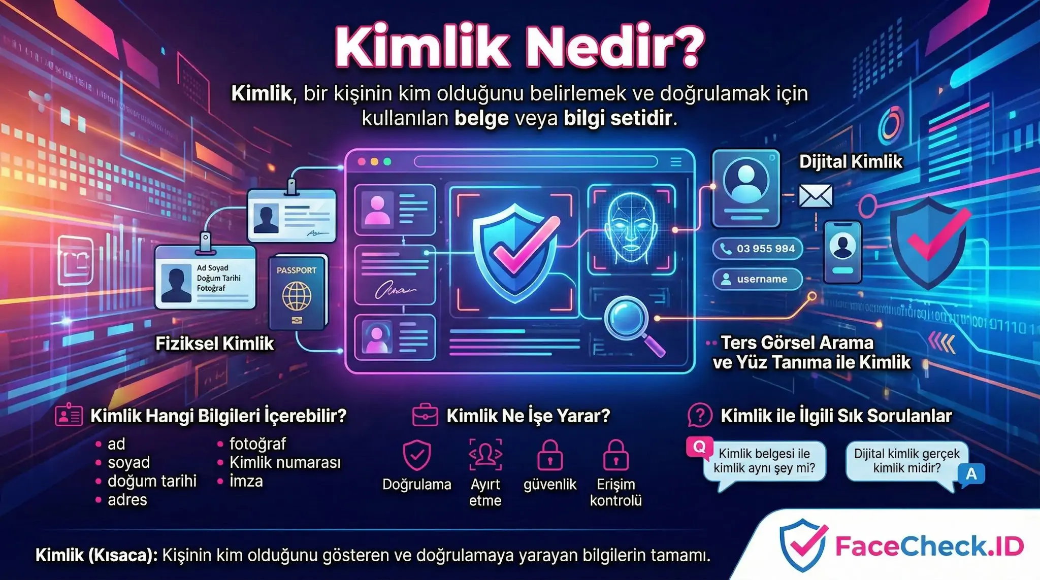 Kimlik nedir sorusunu cevaplayan, fiziksel ve dijital kimlik türlerini yüz tanıma teknolojisi görselleriyle açıklayan bilgi grafiği.