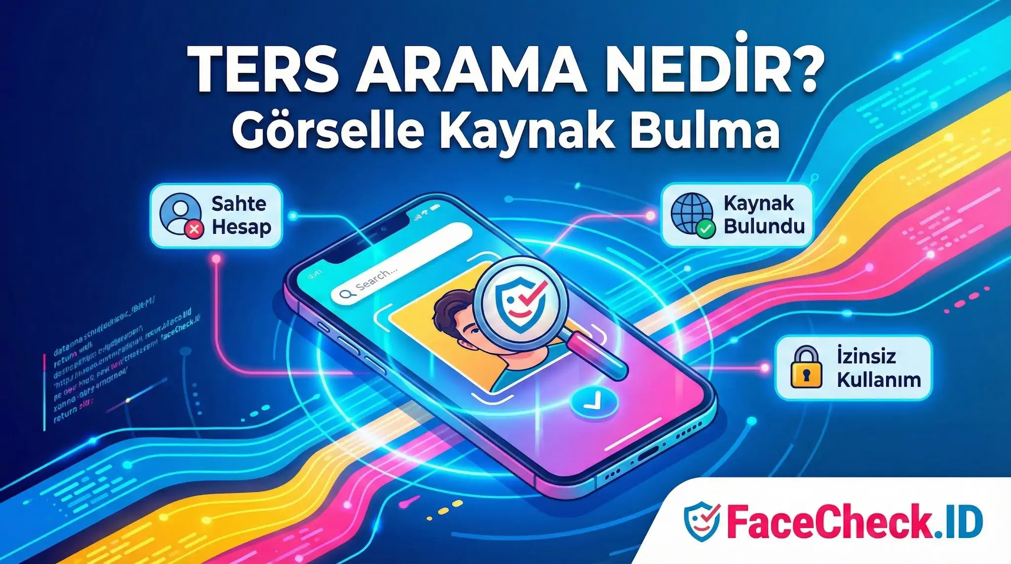 Ters arama ile görsel kaynağı bulmayı anlatan Türkçe infografik; akıllı telefon üzerinde bir fotoğrafın analiz edildiği ve sahte hesap veya izinsiz kullanım tespiti yapıldığı görülüyor.