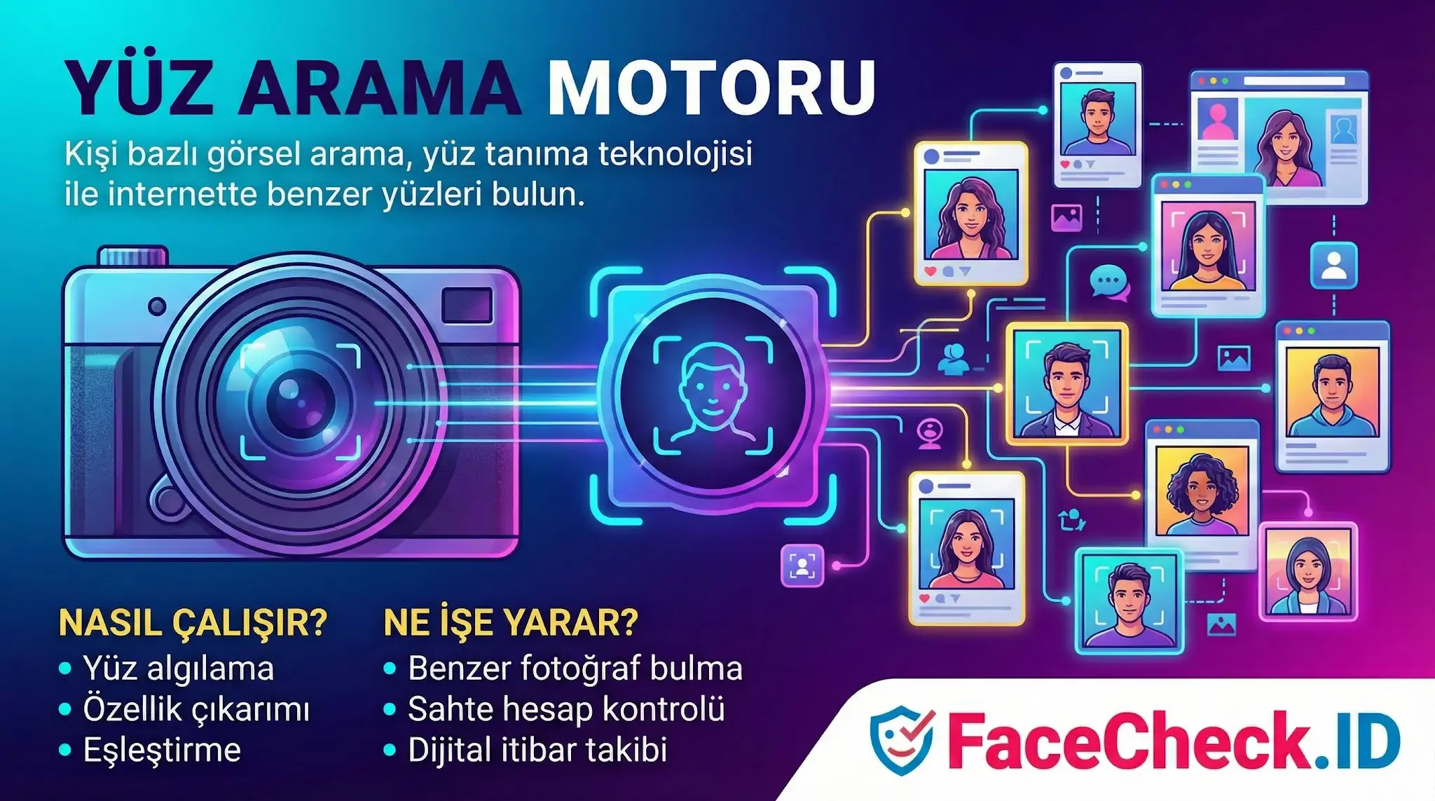 Yüz Arama Motoru FaceCheck.ID yüz arama motoru ile yüz tanıma teknolojisini kullanarak internette kişi bazlı görsel arama ve sahte hesap kontrolü yapın.