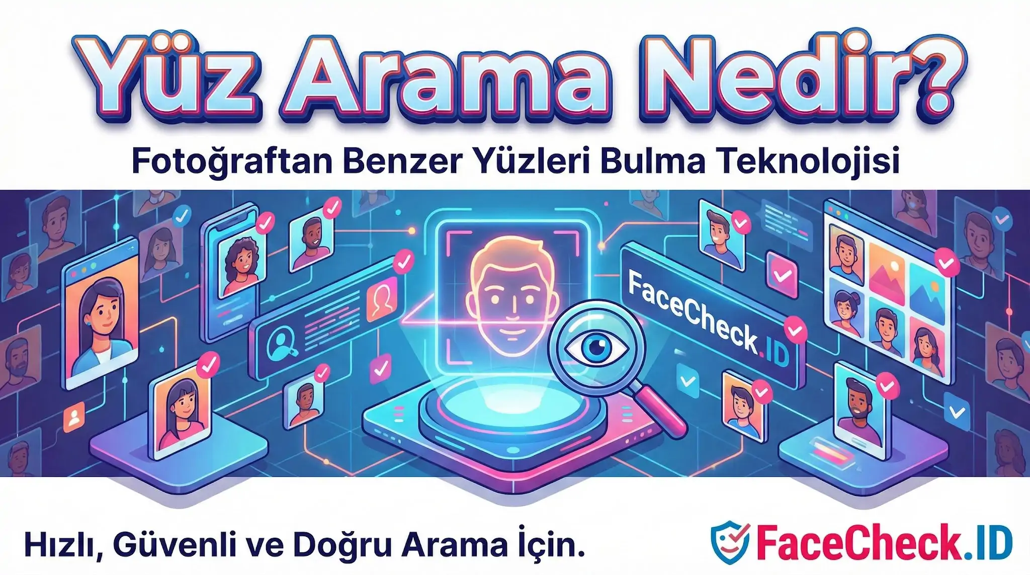 Yüz arama teknolojisini, insanlar ve FaceCheck.ID büyüteç logosunu gösteren dijital grafik.