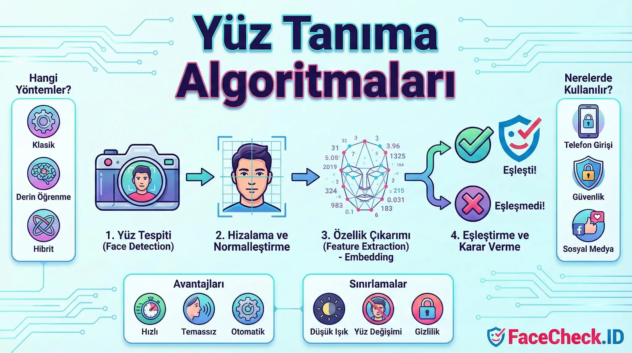 Yüz Tanıma Algoritmaları Yüz Tanıma Algoritmaları çalışma prensibi; yüz tespiti, hizalama, özellik çıkarımı adımlarını, kullanım alanlarını ve avantajlarını açıklayan infografik.