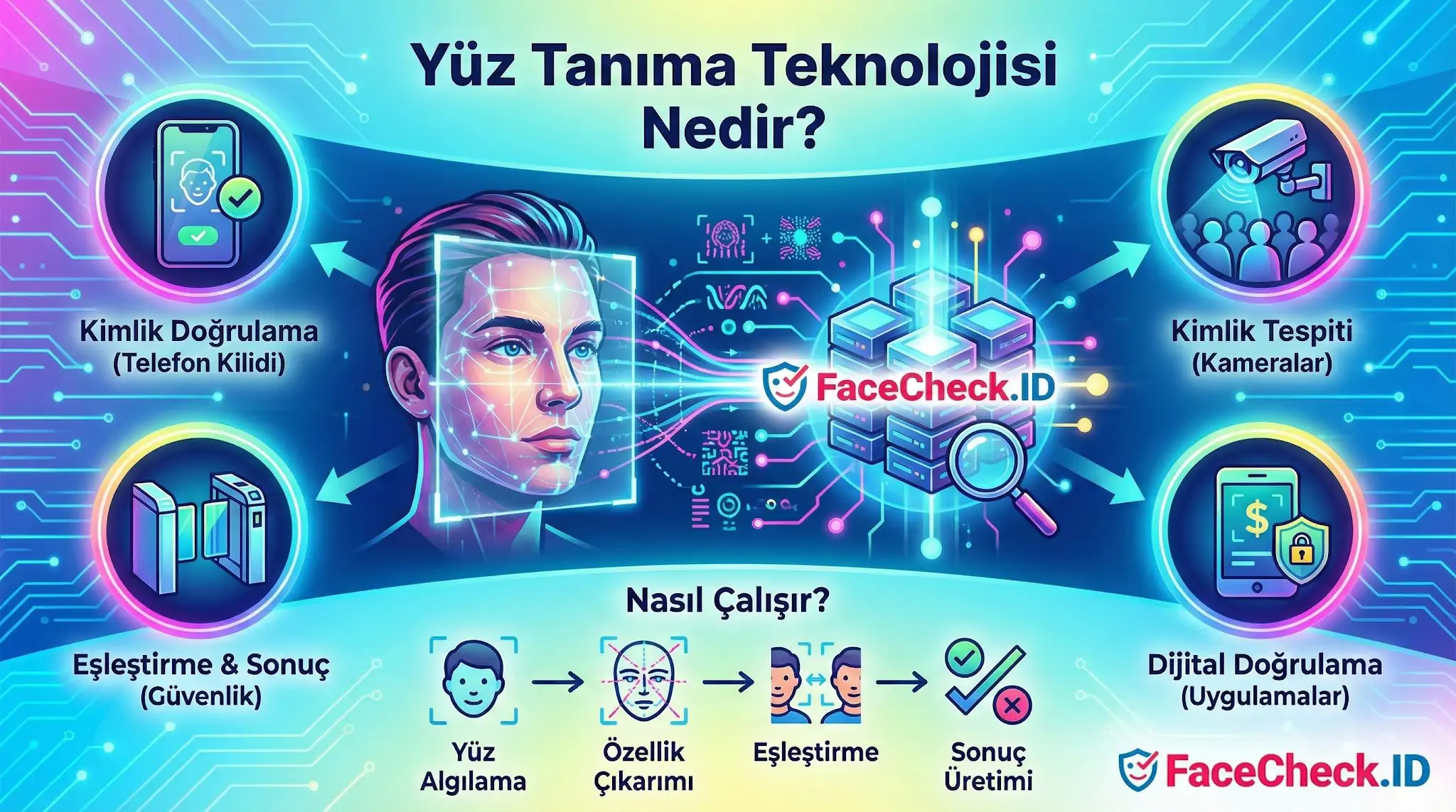 Yüz Tanıma Teknolojisi Nedir ve Nasıl Çalışır başlıklı infografik, kullanım alanları olan telefon kilidi, güvenlik kamerası ve uygulamaları açıklar.