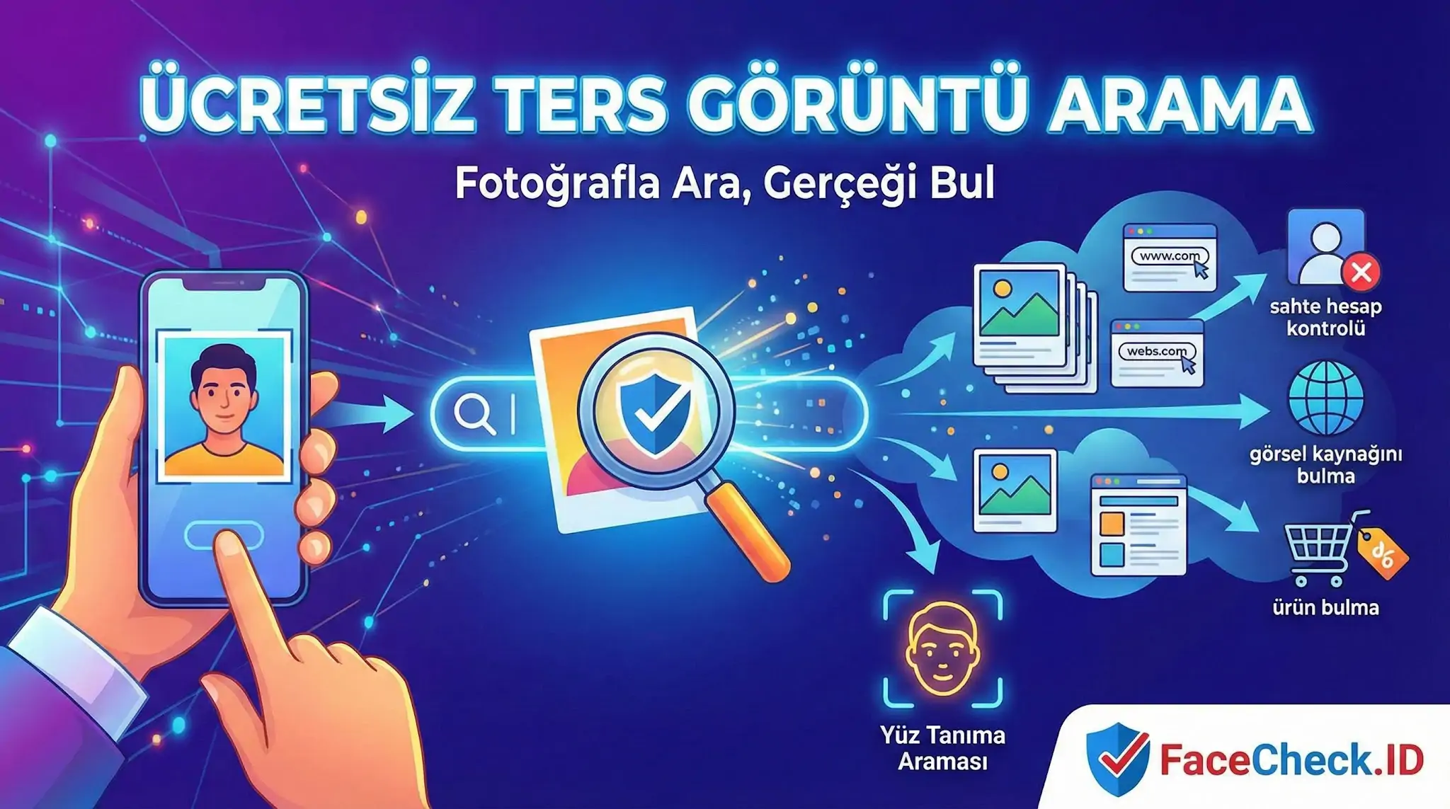 Ücretsiz Ters Görüntü Arama Akıllı telefonda bir fotoğrafla Ücretsiz Ters Görüntü Arama yapan el, büyüteç simgesiyle yüz tanıma, sahte hesap ve ürün bulma sonuçlarını gösteriyor.