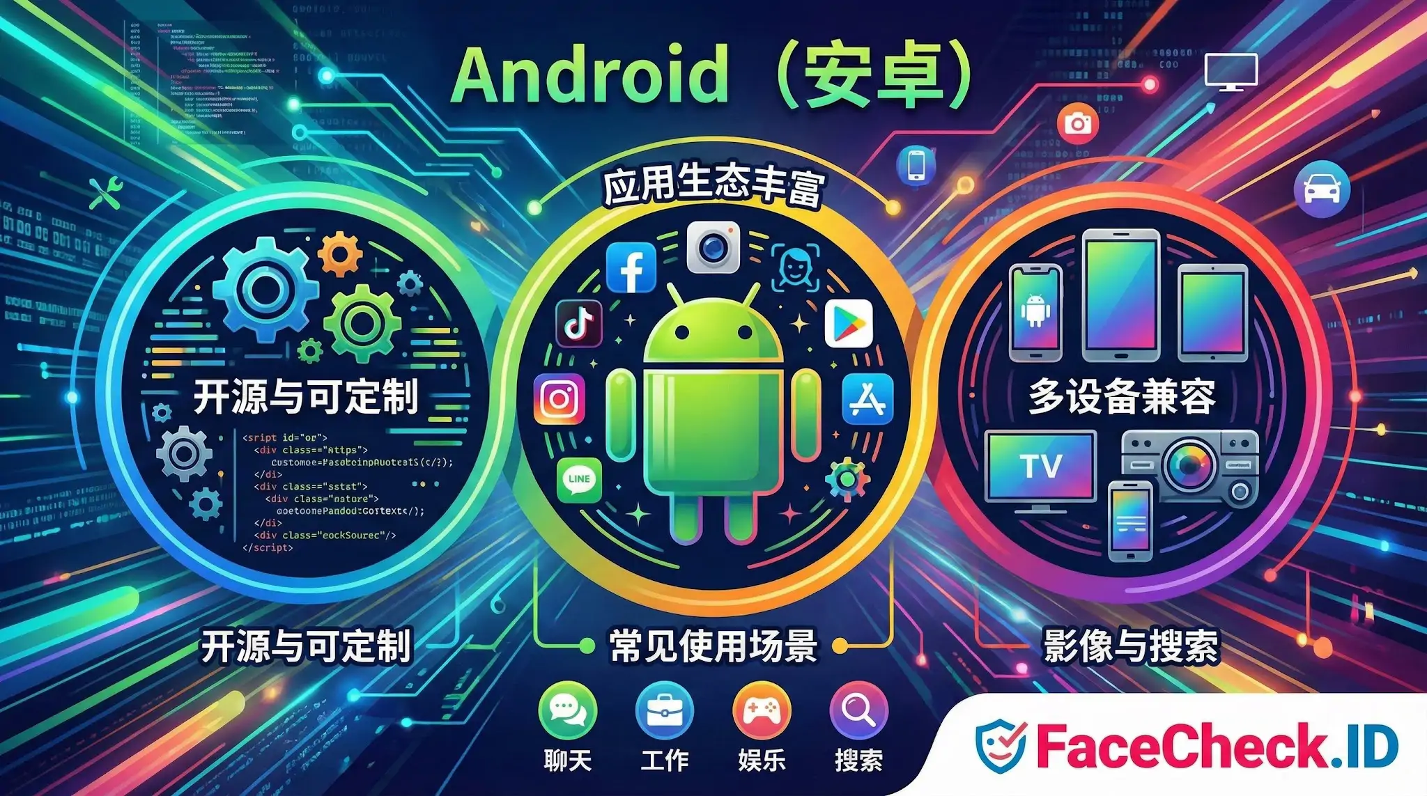 介绍Android系统主要特点的三环信息图表，展示了开源与可定制性、丰富的应用生态和多设备兼容能力，并列举了聊天、工作、娱乐和搜索等常见使用场景。