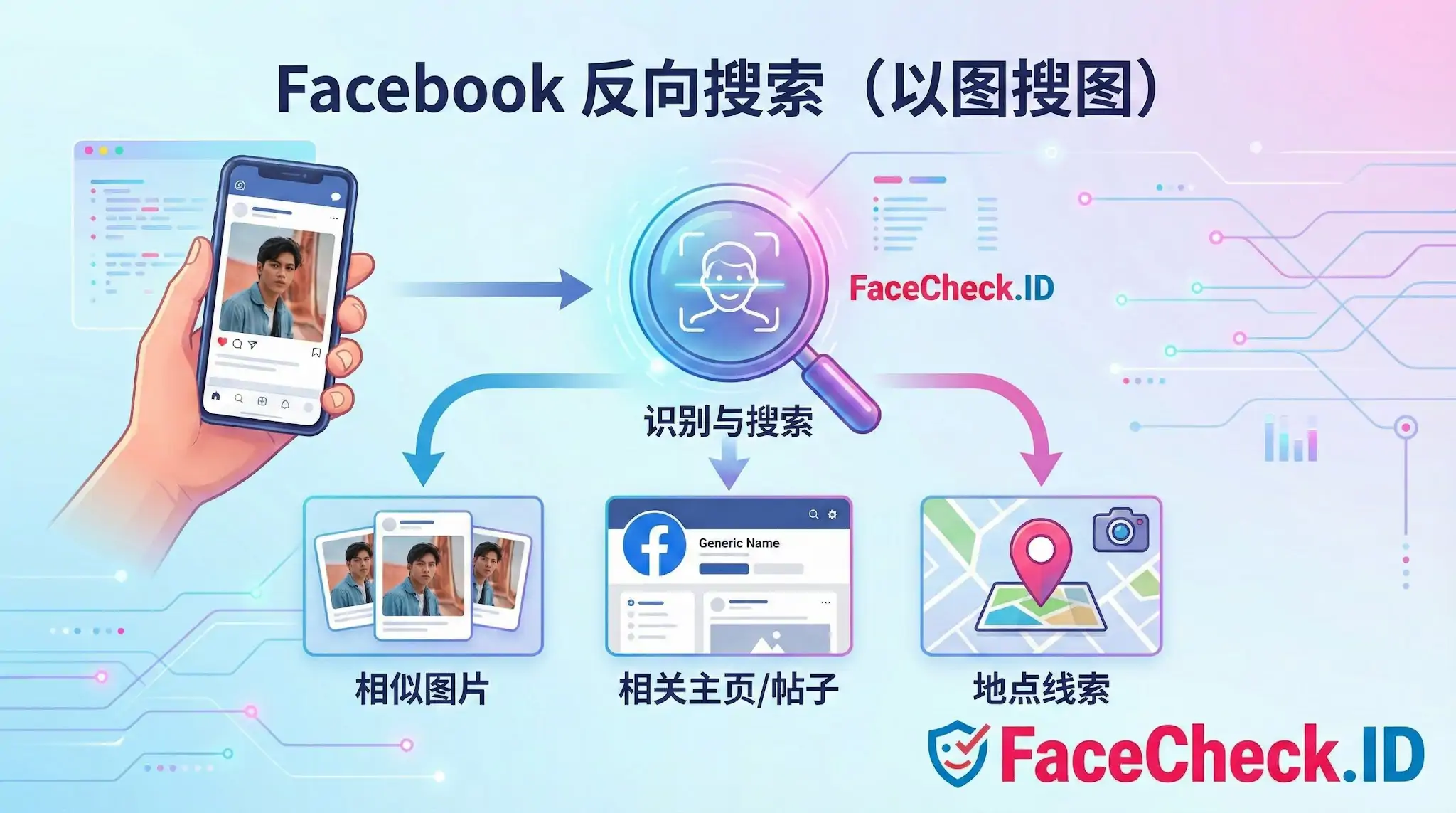 Facebook 反向搜索 使用 FaceCheck.ID 进行 Facebook 反向搜索(以图搜图)的信息图,展示了通过上传照片来识别并查找相似图片、相关主页/帖子及地点线索的流程。