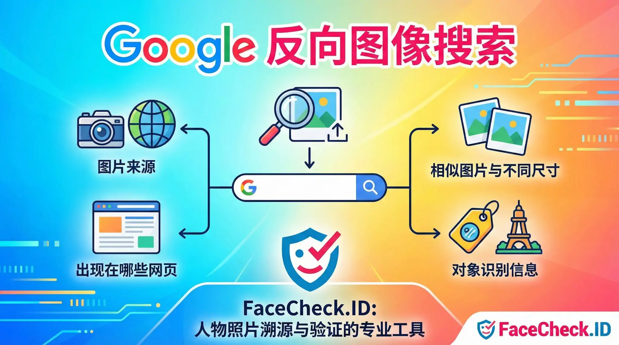 Google 反向图像搜索 Google 反向图像搜索功能示意图,展示了四个主要用途:查找图片来源、发现图片出现的网页、寻找相似图片与不同尺寸以及对象识别信息,底部推荐了 FaceCheck.ID 工具。