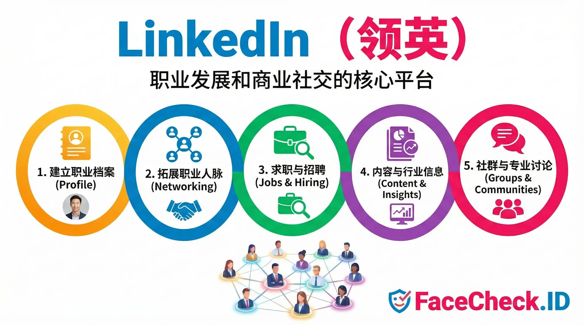 LinkedIn领英信息图：职业发展和商业社交的核心平台，展示建立档案、拓展人脉、求职招聘等五大核心功能