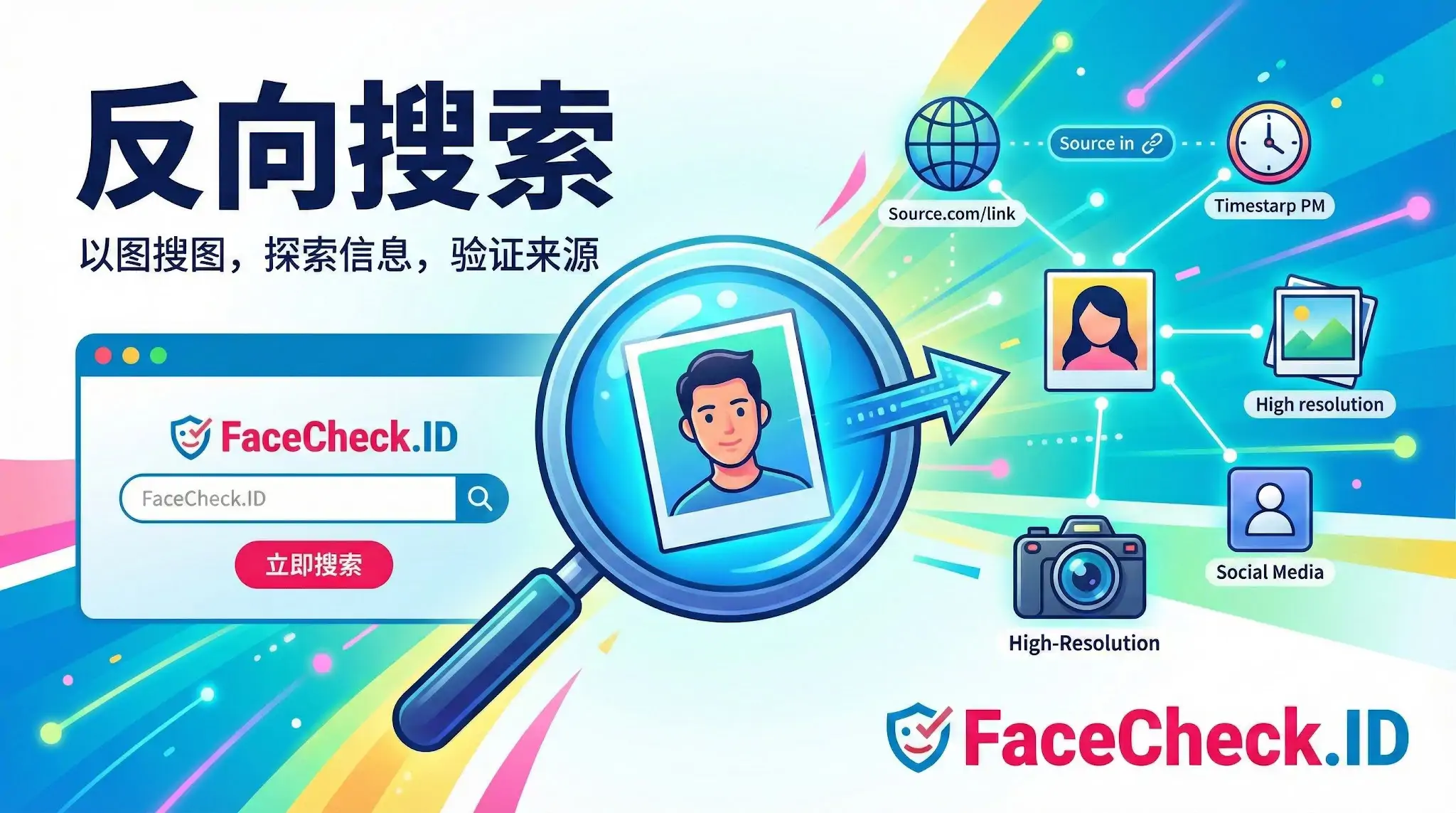 反向搜索 FaceCheck.ID反向搜索功能示意图,展示放大镜分析人脸照片并关联到社交媒体和高清图源,通过以图搜图验证信息来源
