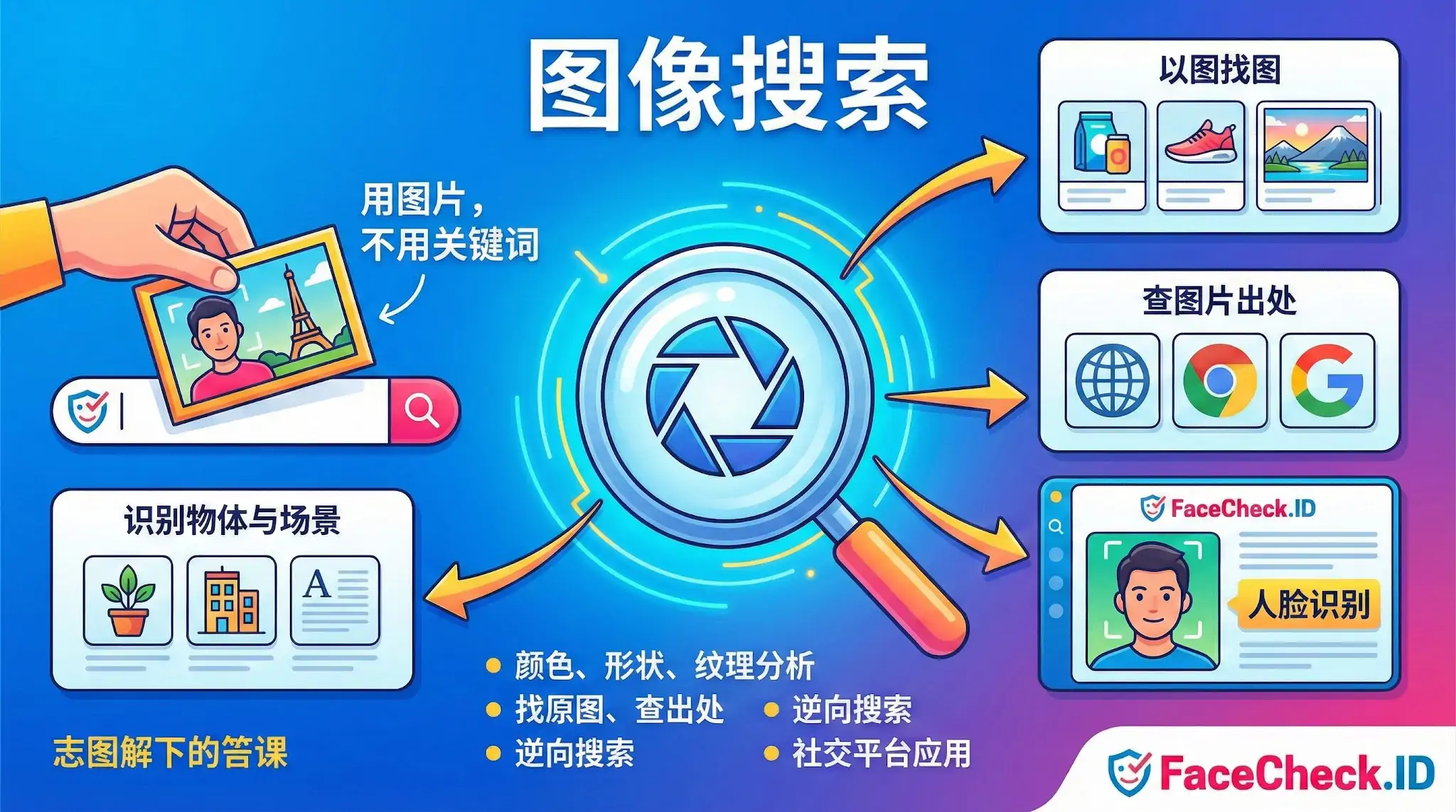 图像搜索概念图，展示用于以图搜图、查图片出处和人脸识别的功能。中心是照相机镜头，三个黄色箭头分别指向：包含商品、鞋子和风景的购物推荐；包含搜索引擎图标的来源查询；以及带有FaceCheck.ID的人脸识别验证界面。