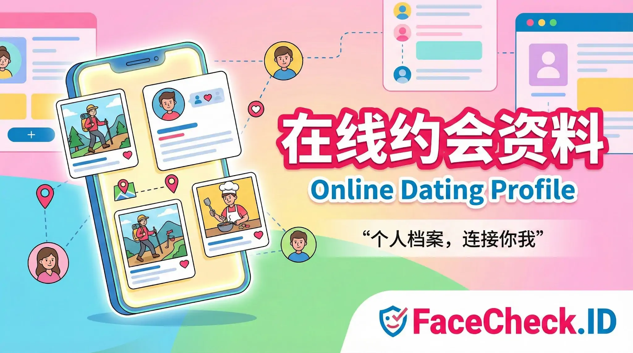 在线约会资料 该插图展示了在线约会资料的概念,中心是一部智能手机显示多种用户个人档案和照片,如徒步旅行和烹饪。周围有连接不同用户头像的线条,红色和蓝色的大标题文字为“在线约会资料 Online Dating Profile”,底部带有FaceCheck.ID标志。