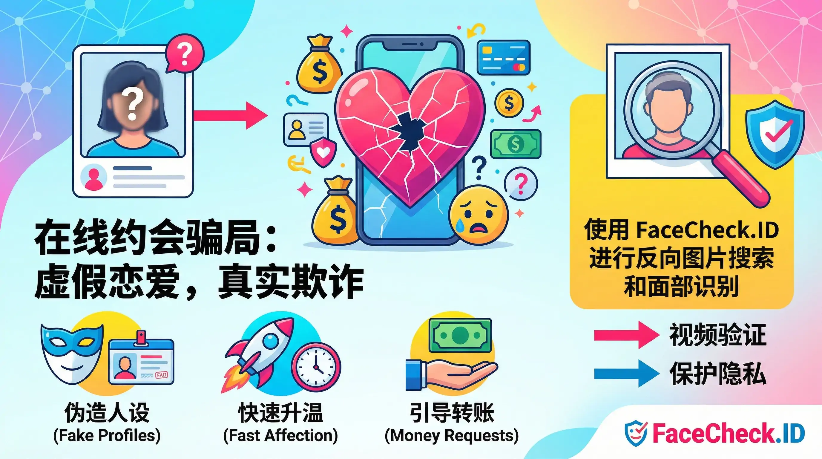 在线约会骗局 关于在线约会骗局的信息图,展示虚假个人资料导致金钱损失和心碎的过程,并推荐使用 FaceCheck.ID 进行反向图片搜索和面部识别以验证身份,避免伪造人设、快速升温的情感陷阱和引导转账的欺诈行为。