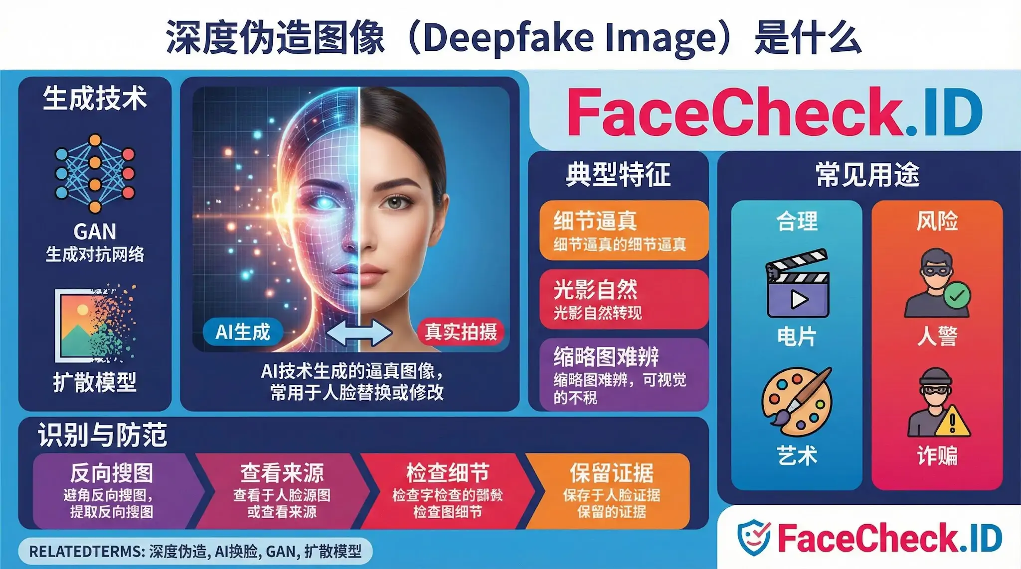FaceCheck.ID信息图，解释什么是深度伪造图像（Deepfake Image）。涵盖GAN和扩散模型等生成技术、利用AI换脸的典型特征，以及在电影艺术与诈骗风险中的常见用途。