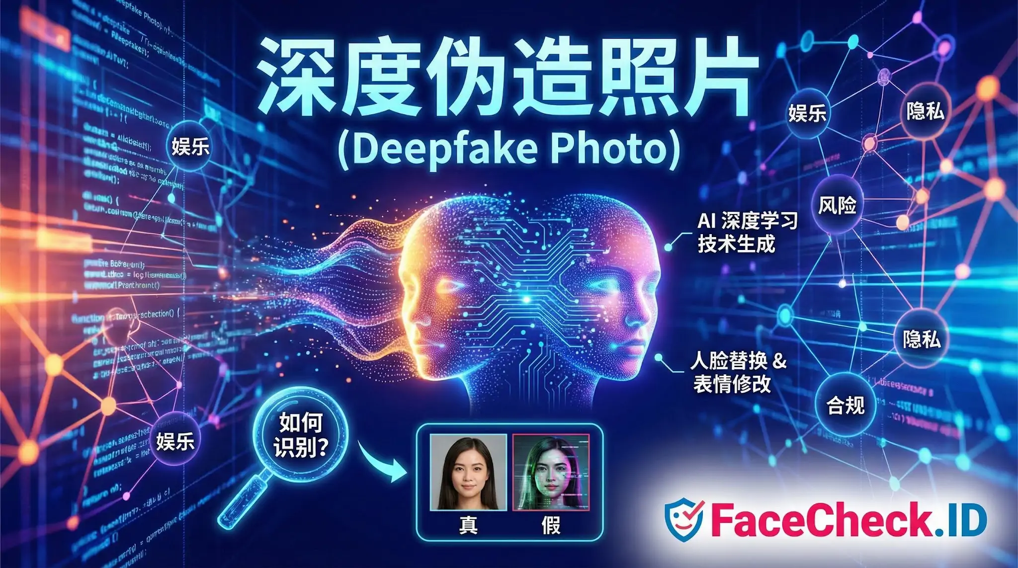 FaceCheck.ID深度伪造照片识别指南，展示了利用AI深度学习生成的数字人脸。图中解释了人脸替换和表情修改技术，并列出关于隐私、风险及娱乐的关键词，底部提供了如何识别真假人脸的视觉对比示例。