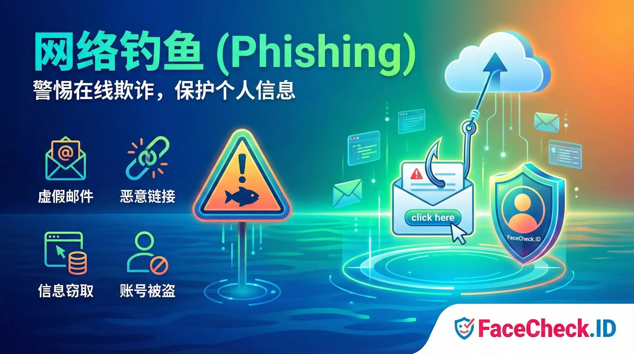 网络钓鱼 网络钓鱼(Phishing)警示图:展示鱼钩从云端垂下试图钩取带有“点击这里”的邮件信封,周围环绕着虚假邮件、恶意链接、信息窃取和账号被盗的图标及警告标志。