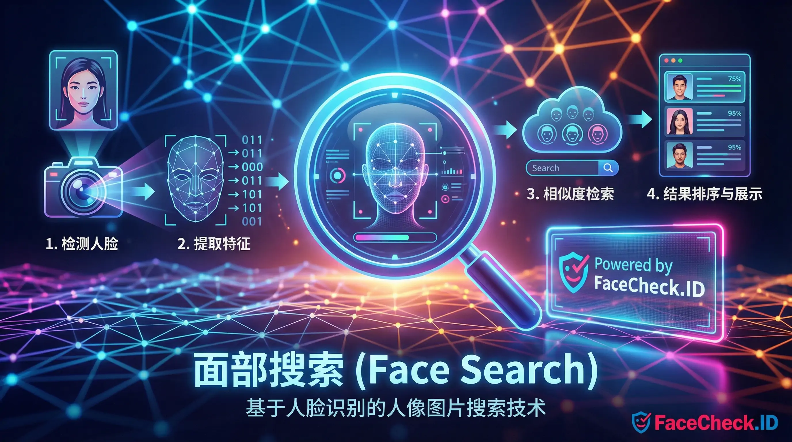 面部搜索流程图解：可视化展示从检测人脸、提取特征、相似度检索到结果排序与展示的四个步骤，强调基于人脸识别的人像图片搜索技术。