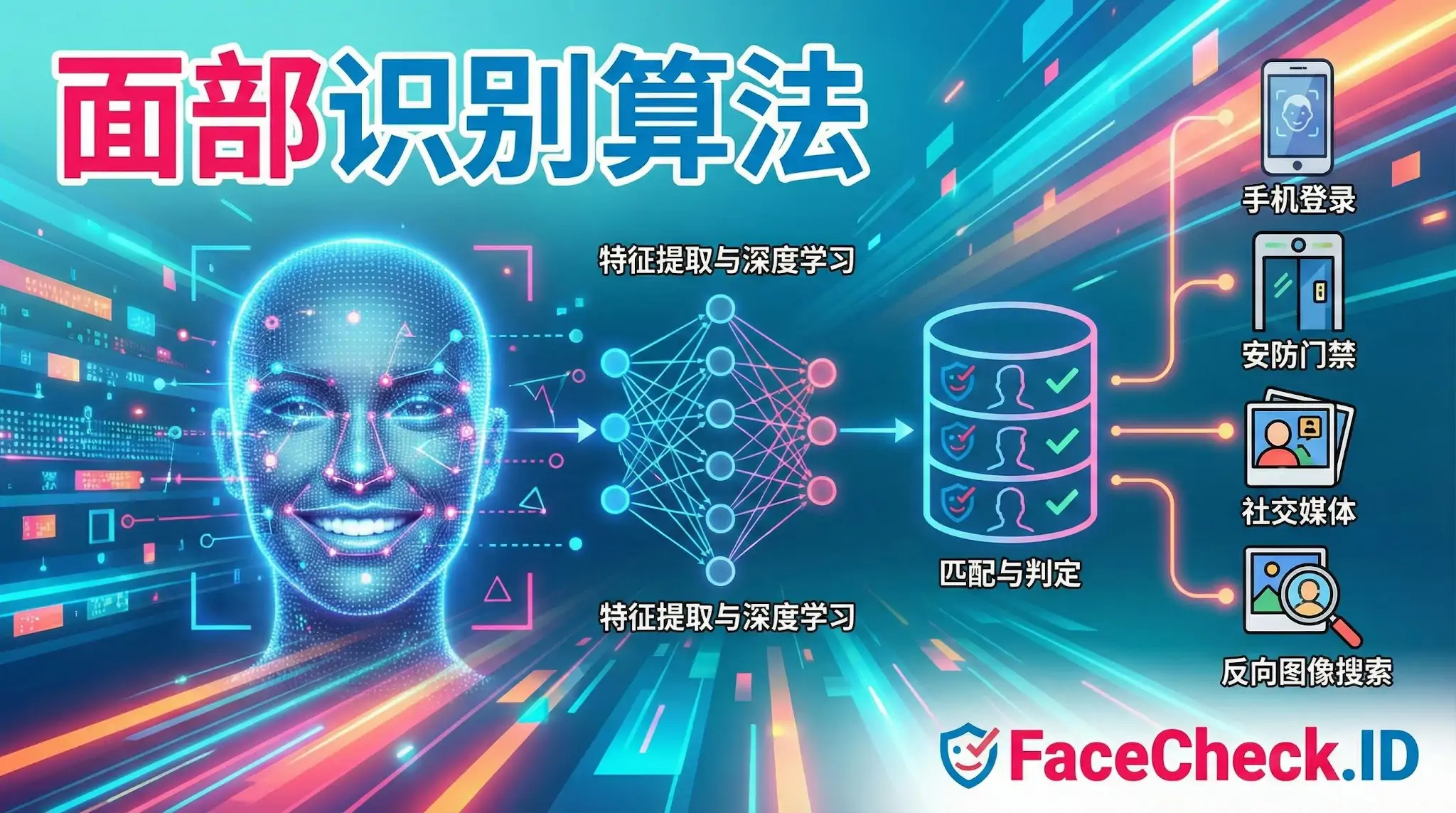 面部识别算法 FaceCheck.ID信息图展示面部识别算法流程:从人脸特征提取与深度学习网络,到数据库匹配判定,涵盖手机登录、安防及反向图像搜索等应用场景。