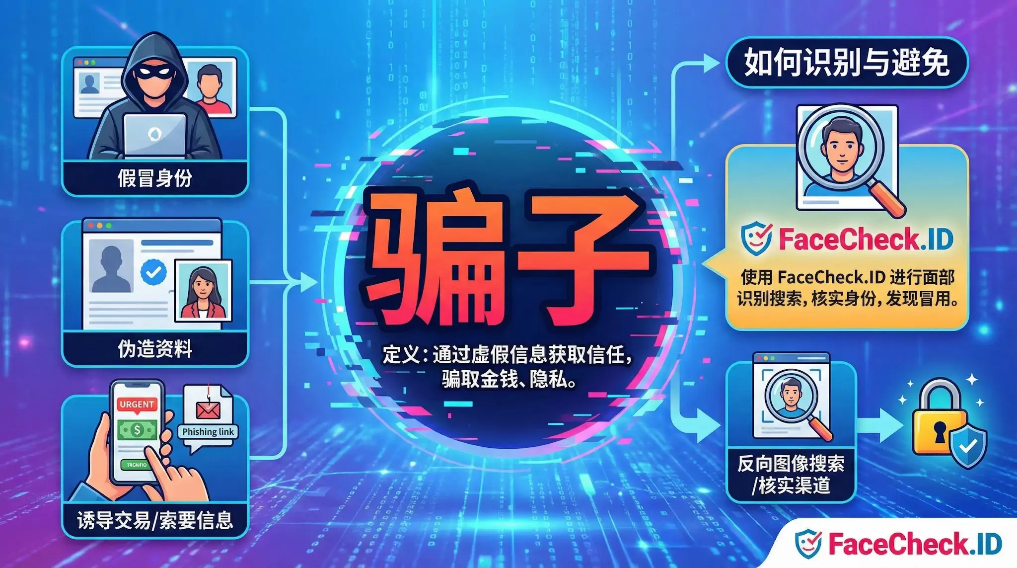 骗子通常通过假冒身份、伪造资料和诱导交易来骗取钱财或隐私。此图展示了如何使用FaceCheck.ID进行反向图像搜索和面部识别，从而核实身份、发现冒用行为并避免被骗。