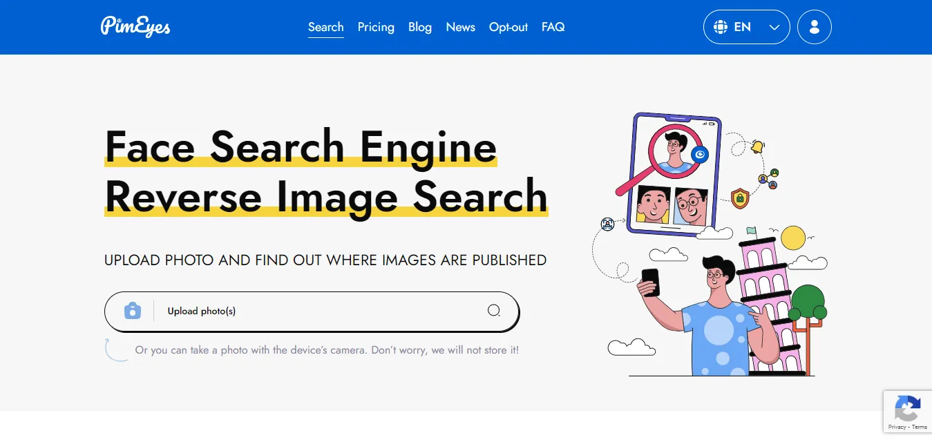 PimEyes reverse image search homepage interface
