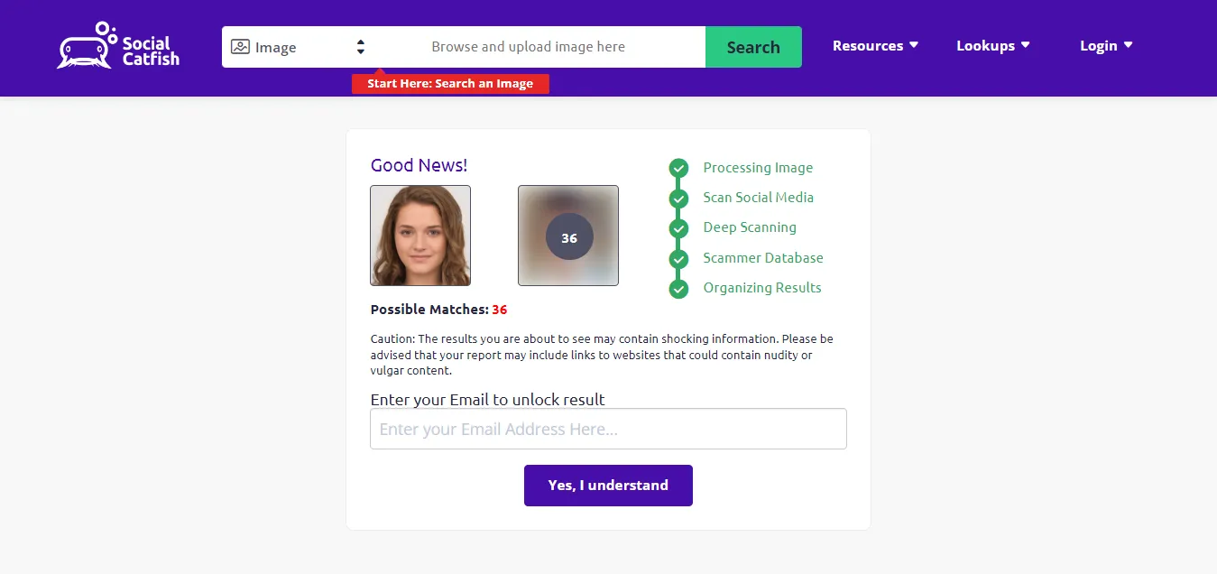 Processing image search on Social Catfish