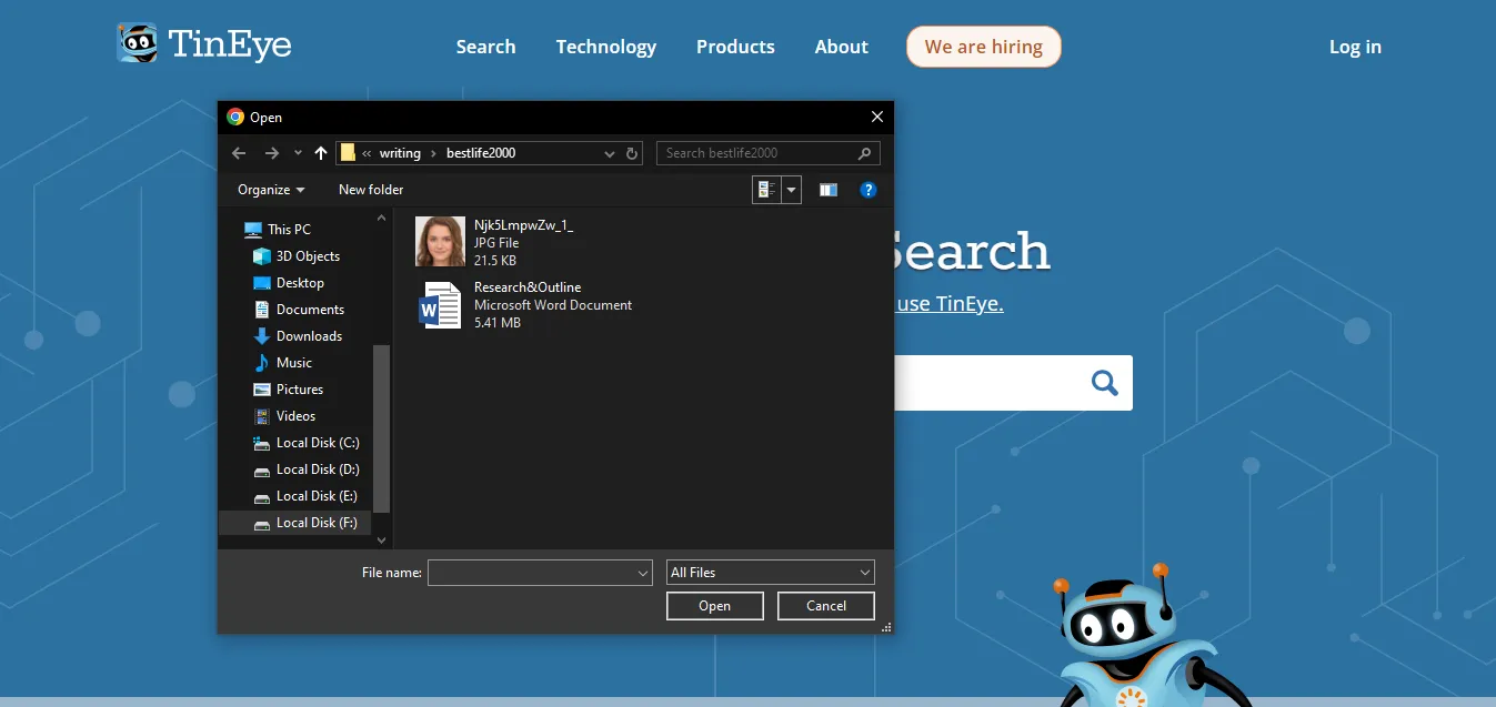 Uploading an image for reverse search on TinEye