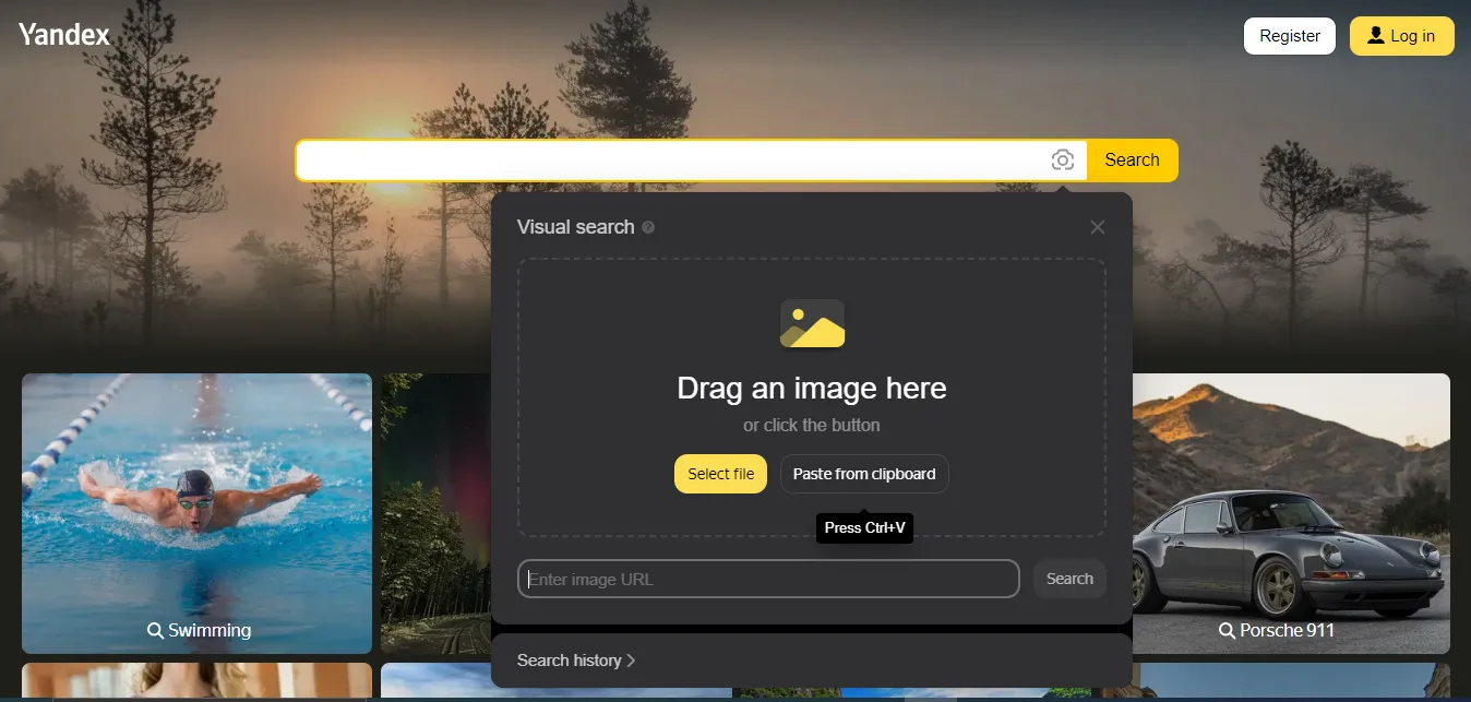 Uploading an image for search on Yandex Images